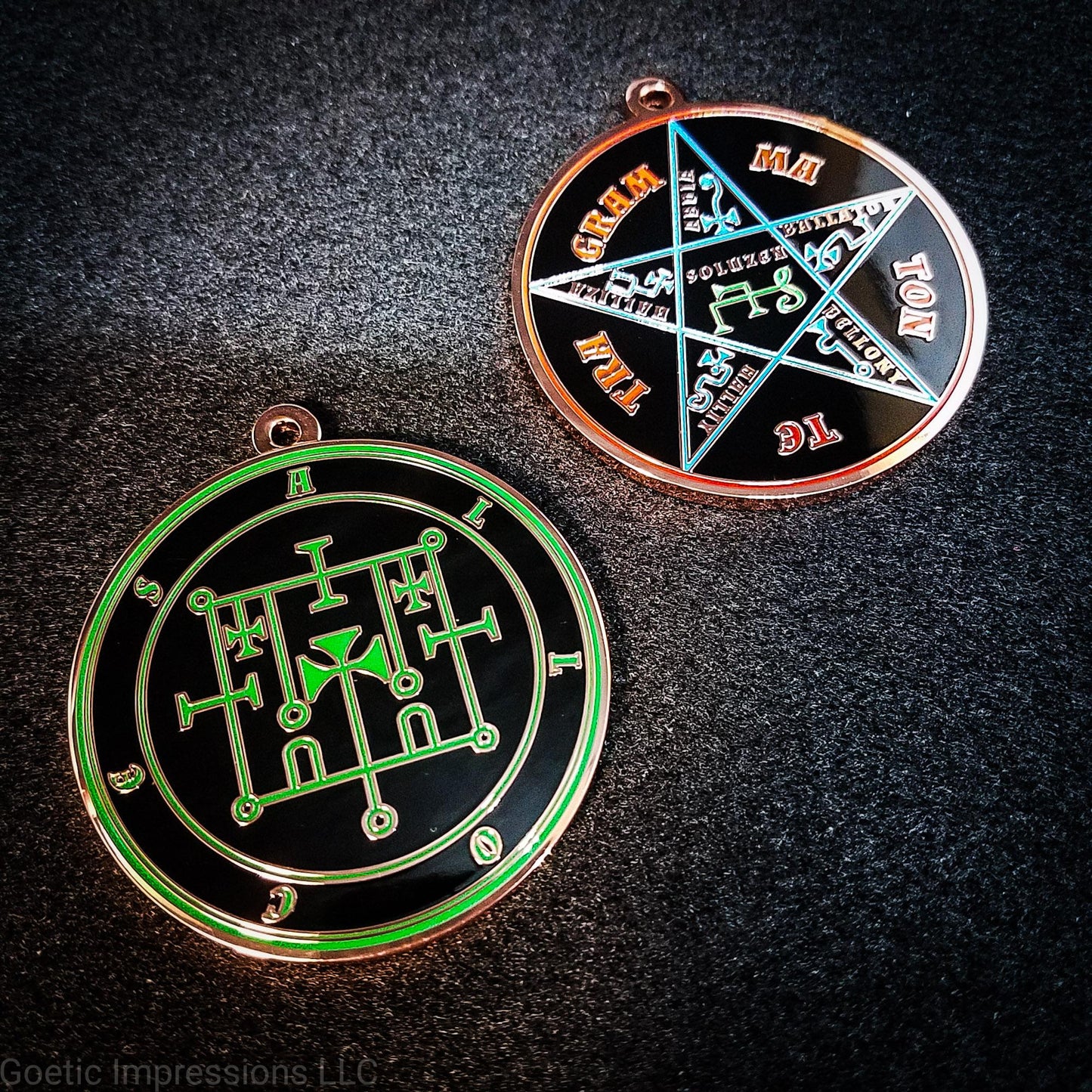 Alloces sigil medallion with the Pentacle of Solomon on reverse side.