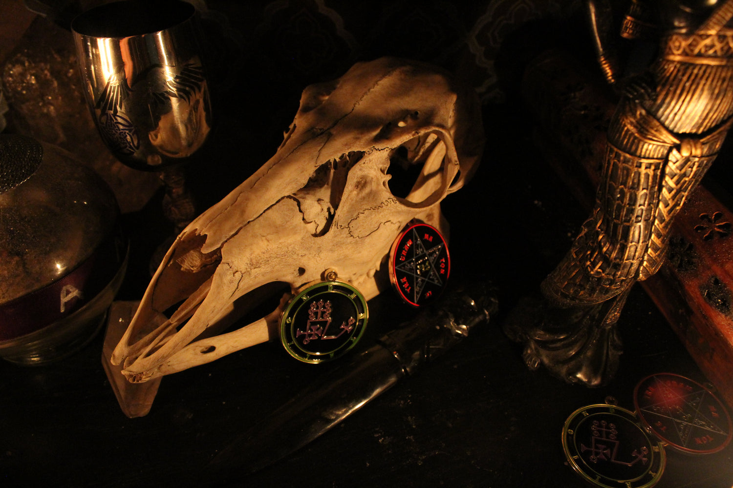 Altar setup with various ritual tools. Goetic seals of Dantalion and the Pentacle of Solomon are propped up on a deer skull.