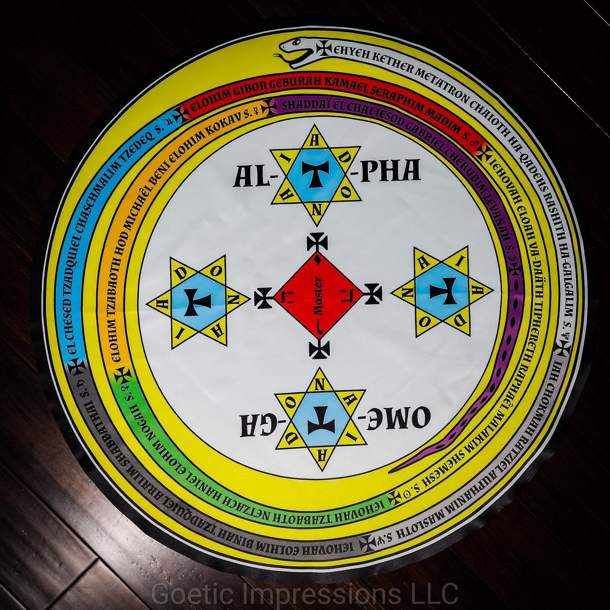 The magickal circle of solomon in full color representing the qabalistic colors. The text around the snake is in Latin