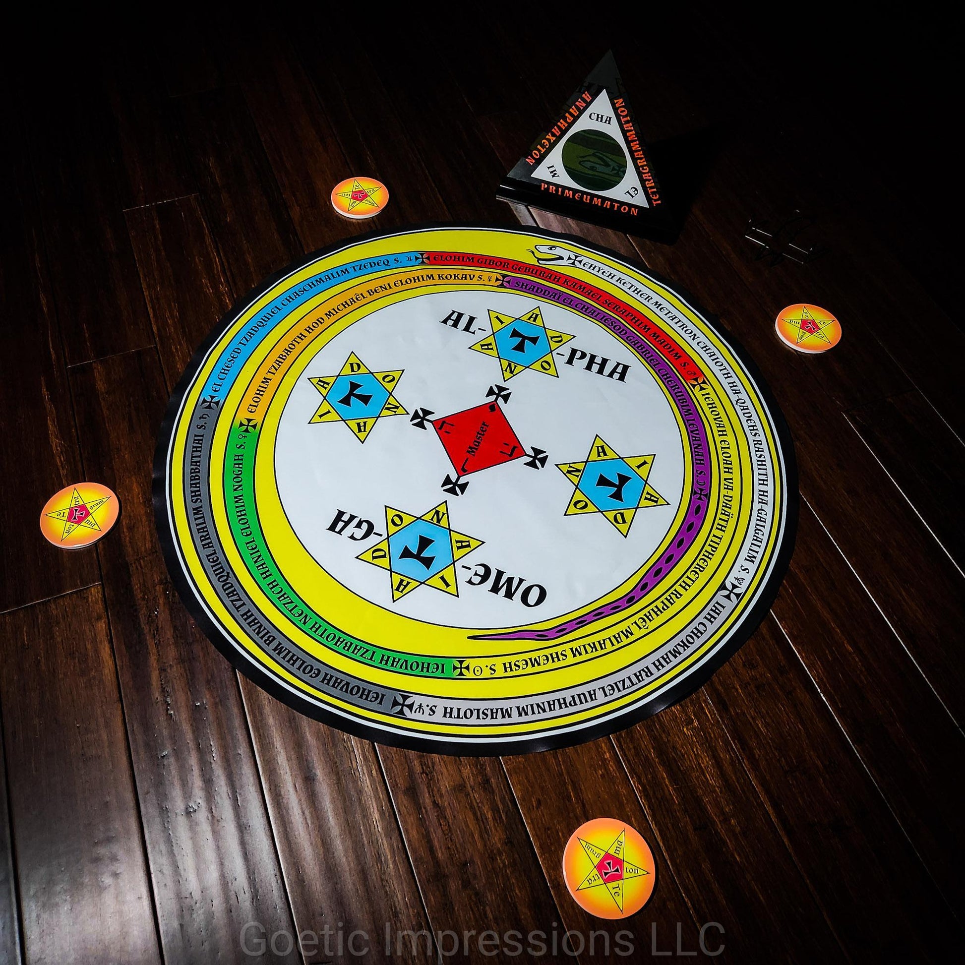 Complete set of the Lesser Key of Solomon Magickal Circle and Triangle with disk for candle placement. The text on the serpent is in Latin.