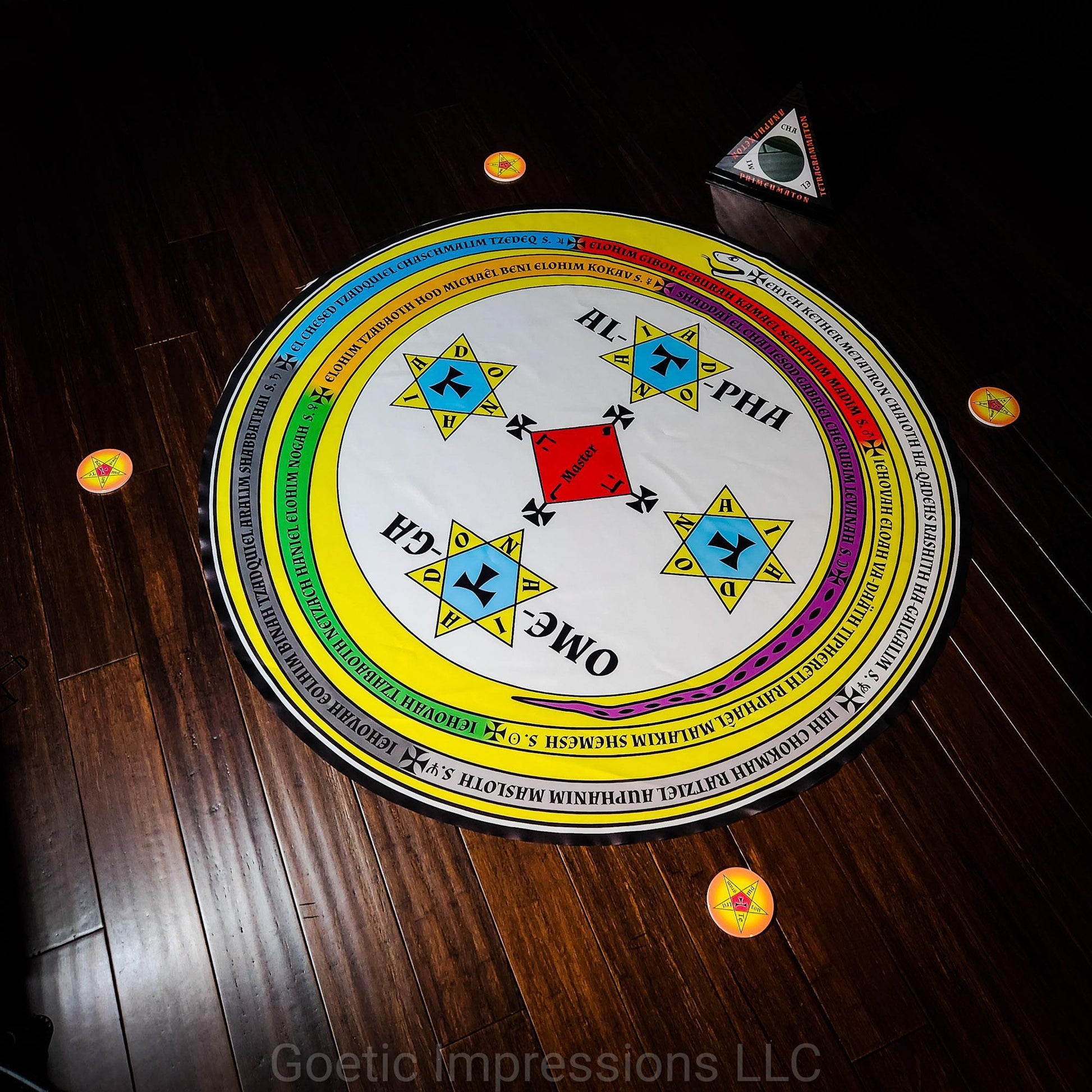 Complete set of the Lesser Key of Solomon Magickal Circle and Triangle with disk for candle placement. The text on the serpent is in Latin.