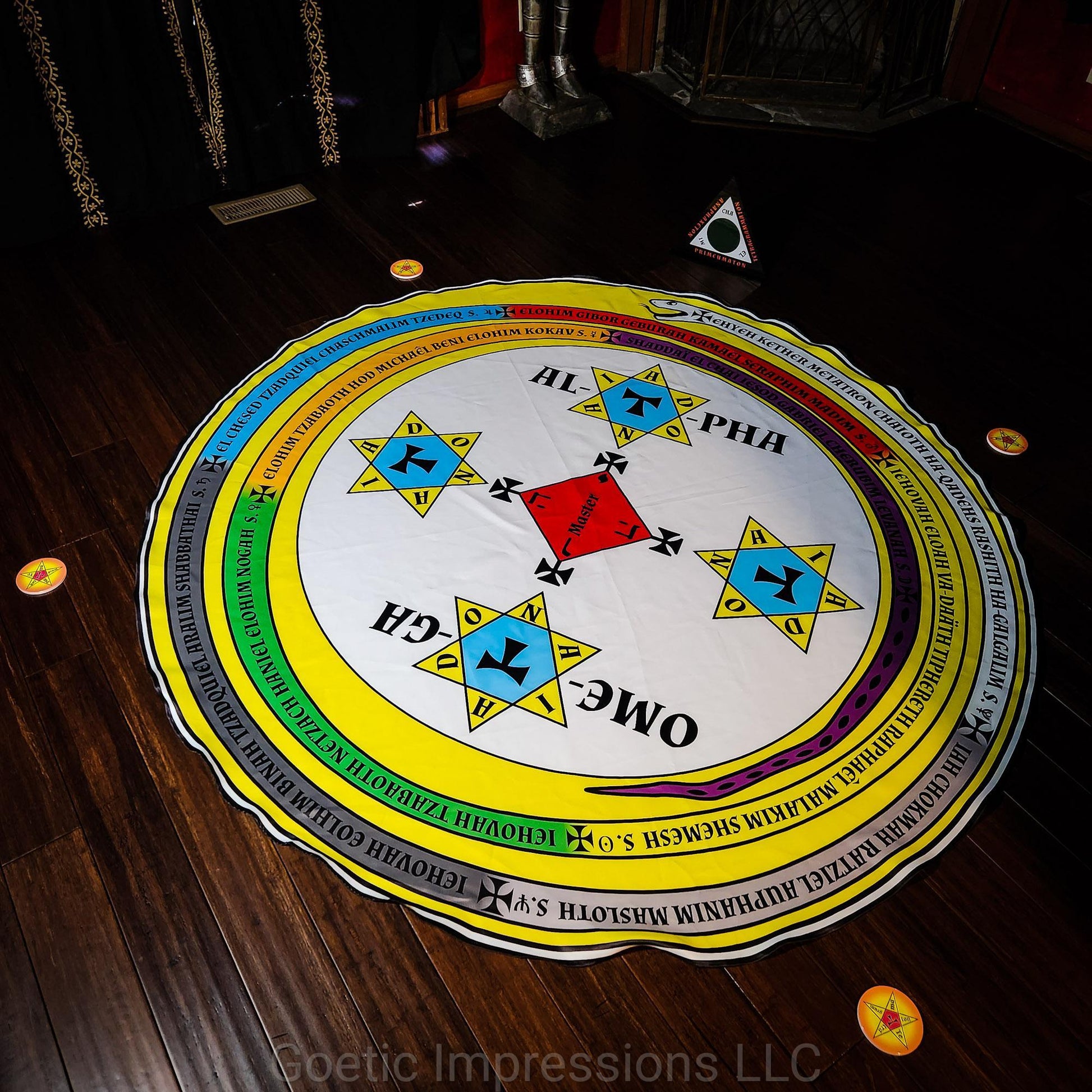 Complete set of the Lesser Key of Solomon Magickal Circle and Triangle with disk for candle placement. The text on the serpent is in Latin.