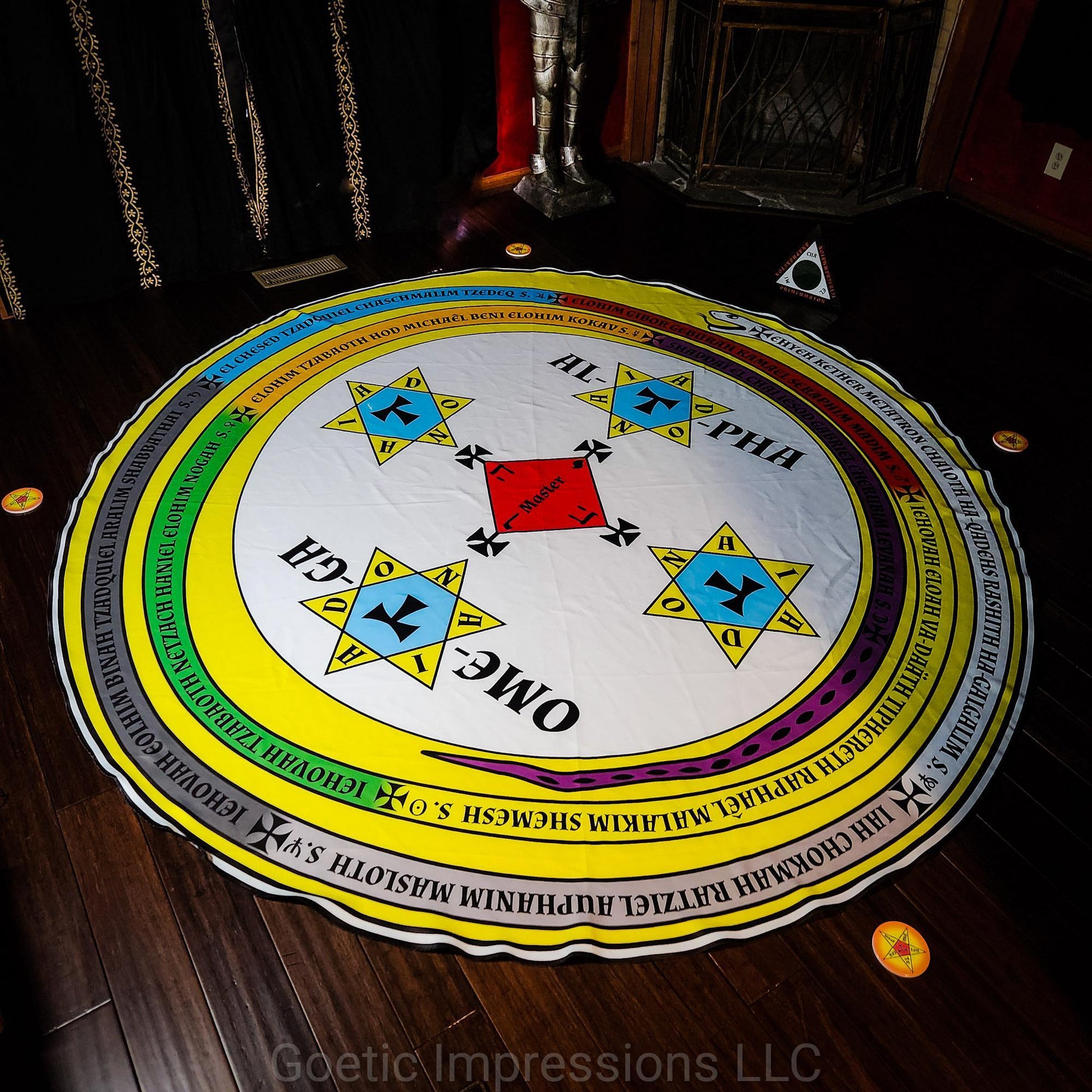 Complete set of the Lesser Key of Solomon Magickal Circle and Triangle with disk for candle placement. The text on the serpent is in Latin.