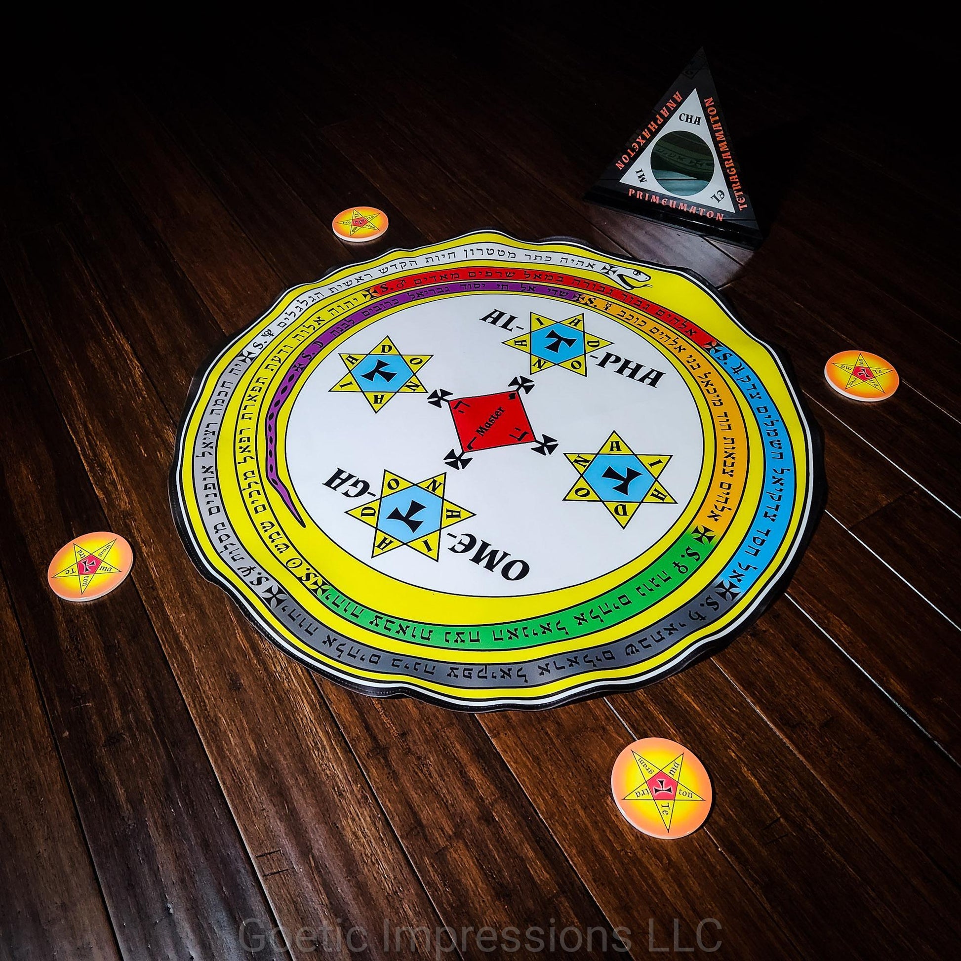 Complete set of the Lesser Key of Solomon Magickal Circle in 3ft and Triangle with disks for candle placement. The text on the serpent is in Hebrew.