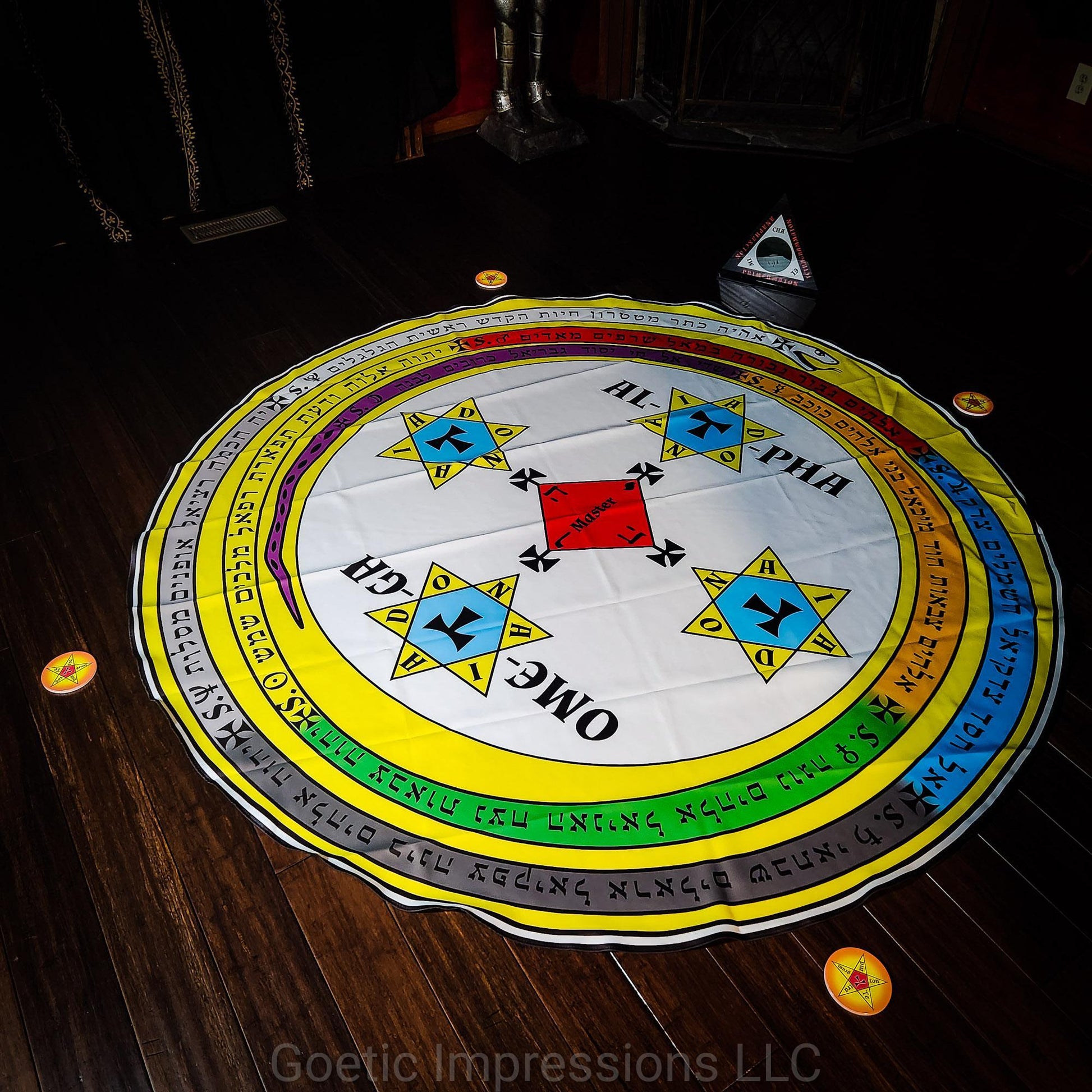 Complete set of the Lesser Key of Solomon Magickal Circle in 7ft and Triangle with disks for candle placement. The text on the serpent is in Hebrew.