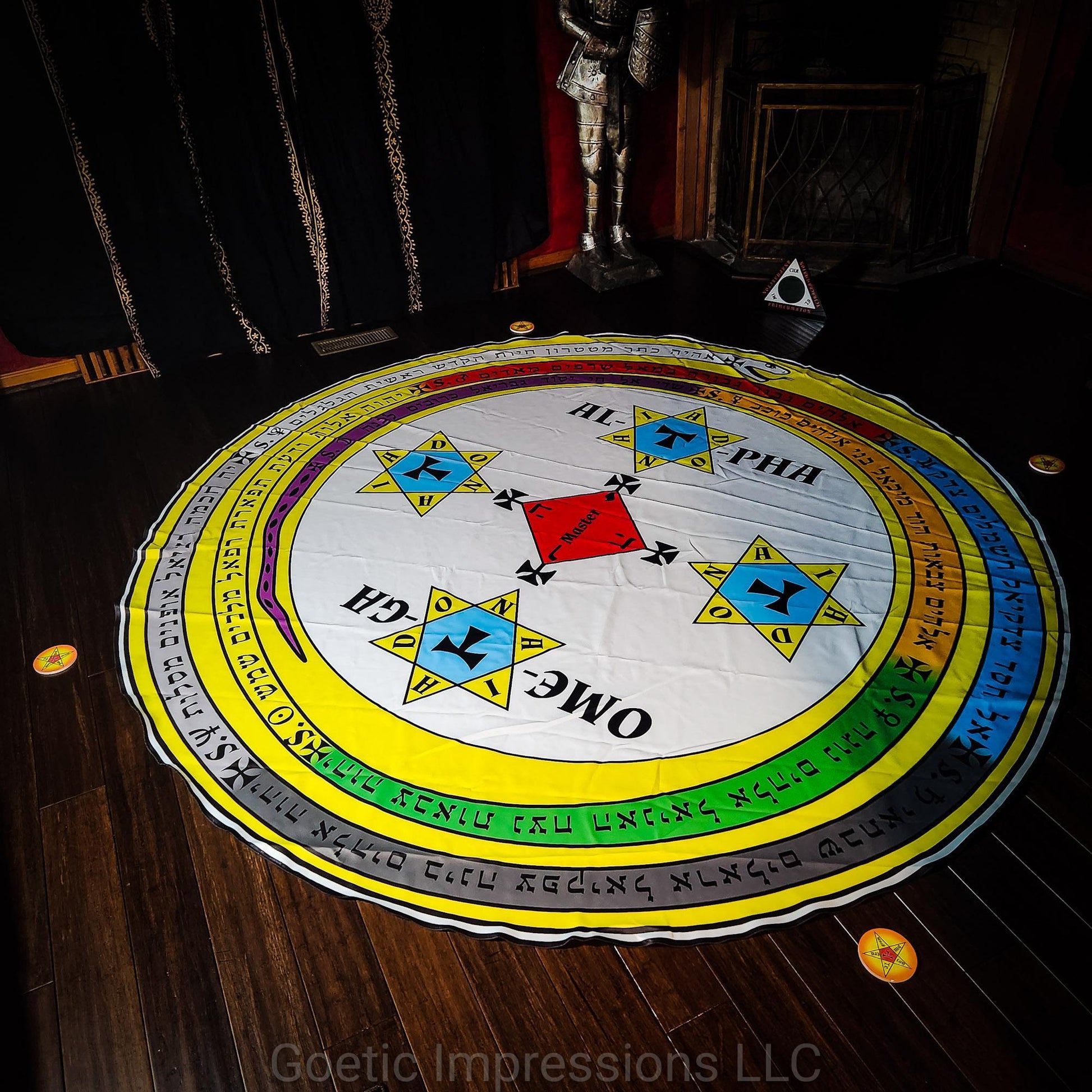 Complete set of the Lesser Key of Solomon Magickal Circle in 9ft and Triangle with disks for candle placement. The text on the serpent is in Hebrew.