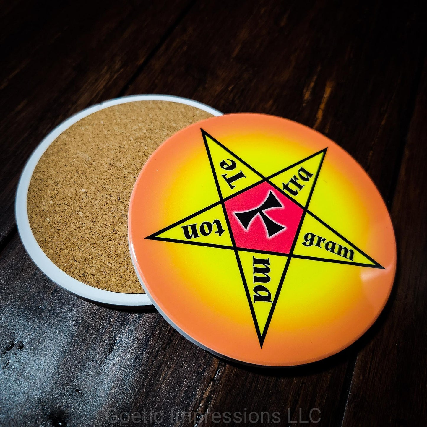 A Tetragrammaton candle disk with cork bottom.