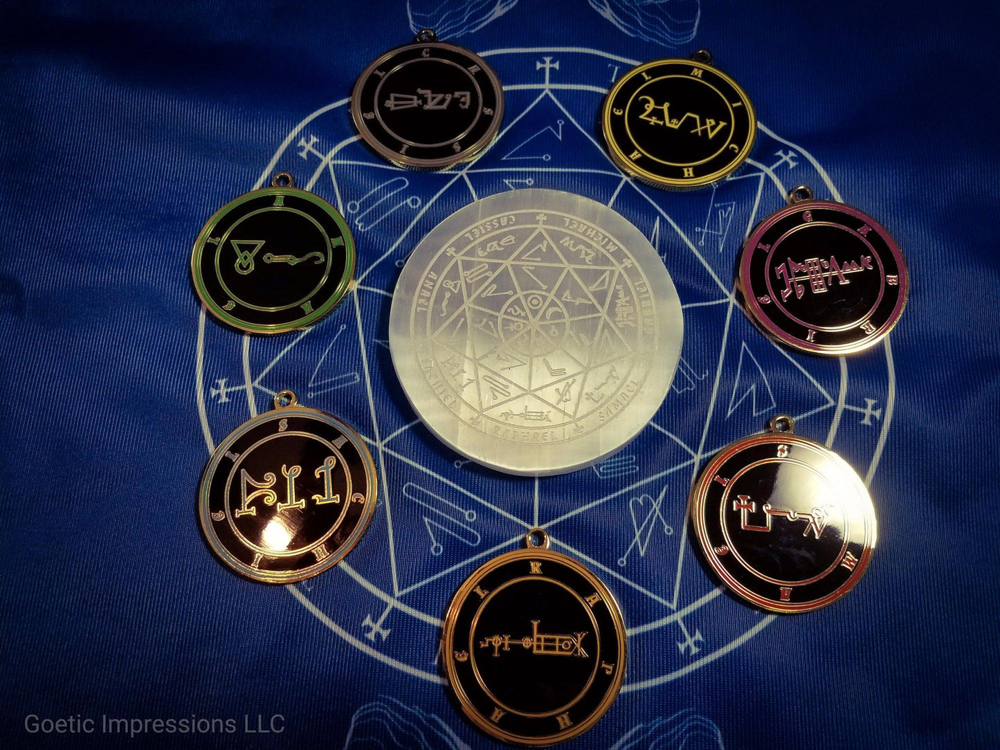 7 Planetary Arch Angel Altar Cloth with Astrological and Heptameron Sigils and archangel medallions and selenite charging plate
