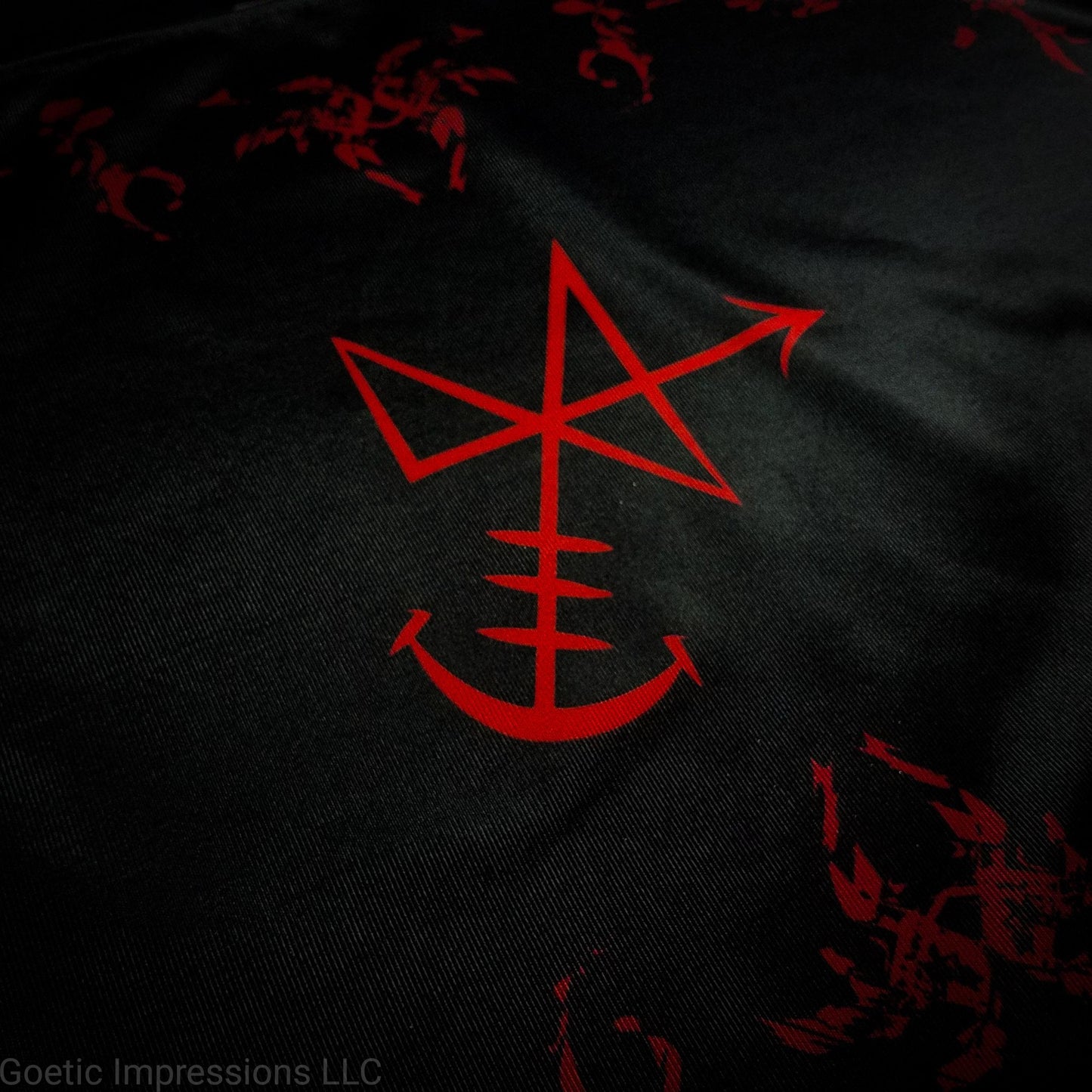A black and red Abaddon sigil altar cloth.