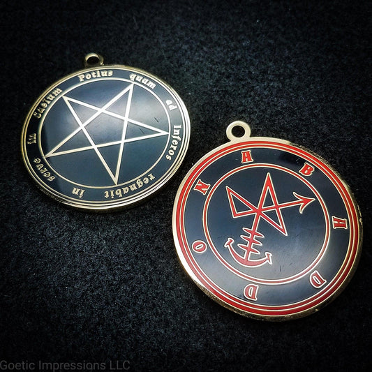 Abaddon sigil ritual pendant with pentagram on reverse side. The reverse side of each Sigil medallion features the Latin phrase 'Potius quam ad Inferos regnabit in serve in Caelum' meaning, 'Better to rule in Hell than to serve in Heaven'.