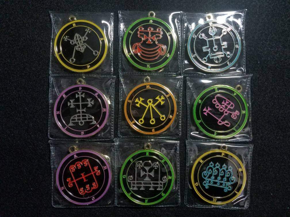 Goetia Seal Medallions of 1. Bael 2. Agares 3. Vassago 4. Samigina 5. Marbas 6. Valefor 7. Amon 8. Barbatos 9. Paimon