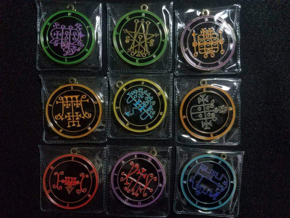 Goetia seal medallions of 28. Berith 29. Astaroth 30. Forneus 31. Foras 32. Asmoday 33. Gaap 34. Furfur 35. Marchosias 36. Stolas