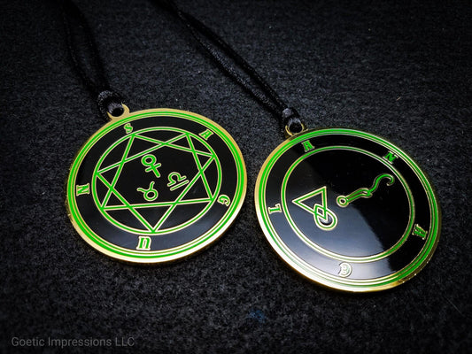 Heptameron Inspired Archangel Pendant featuring the seal and sigils of Archangel Anael.  Featuring on the reverse side of the talsiman, the Heaven Sagun and astrological symbols of Venus, Taurus and Libra