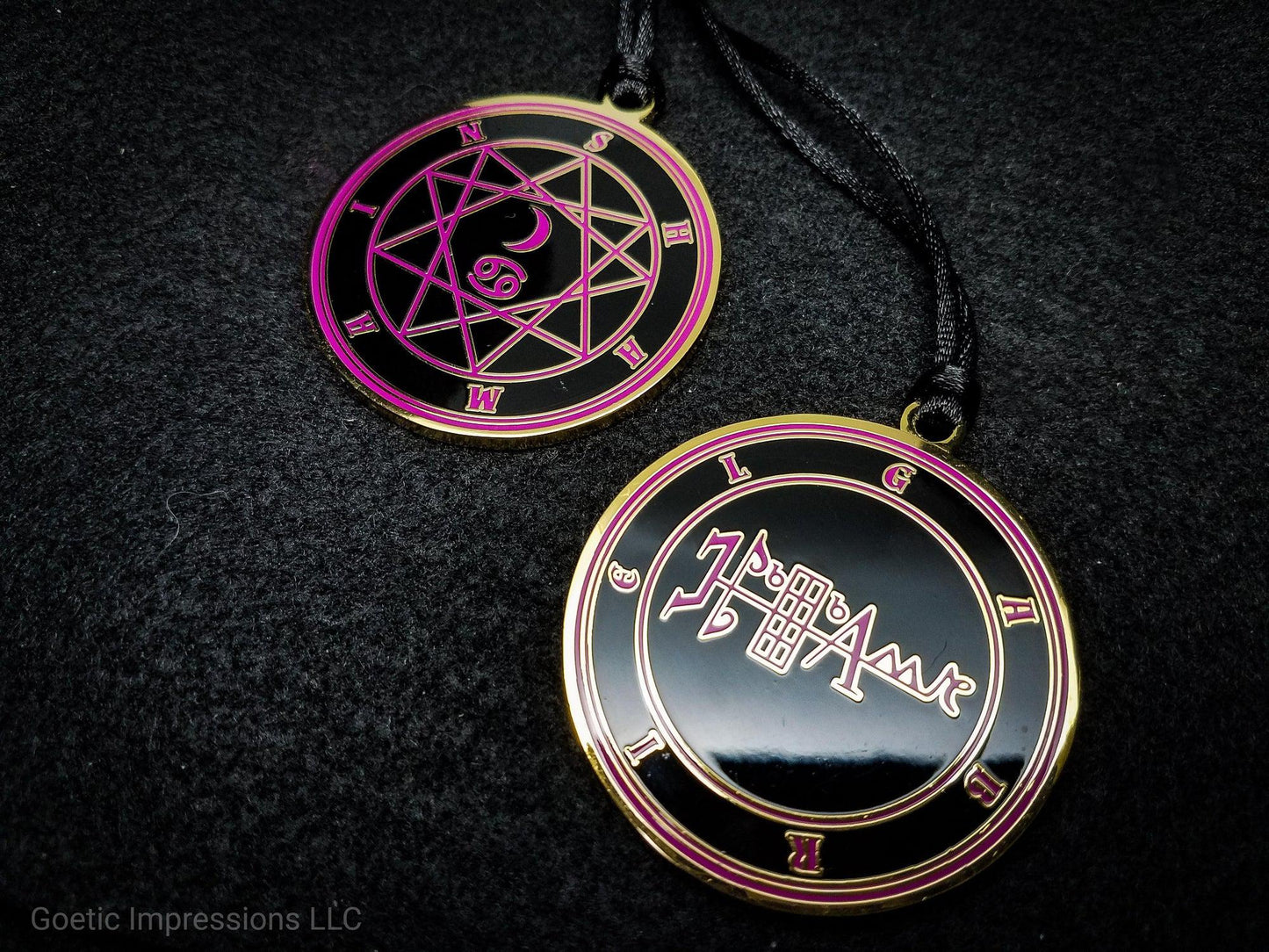 Heptameron Inspired Archangel Pendant featuring the seal and sigils of Archangel Gabriel. Featuring on the reverse side of the talsiman, the Heaven Shamain and astrological symbols of the Moon and Cancer based on Cornelius Agrippa