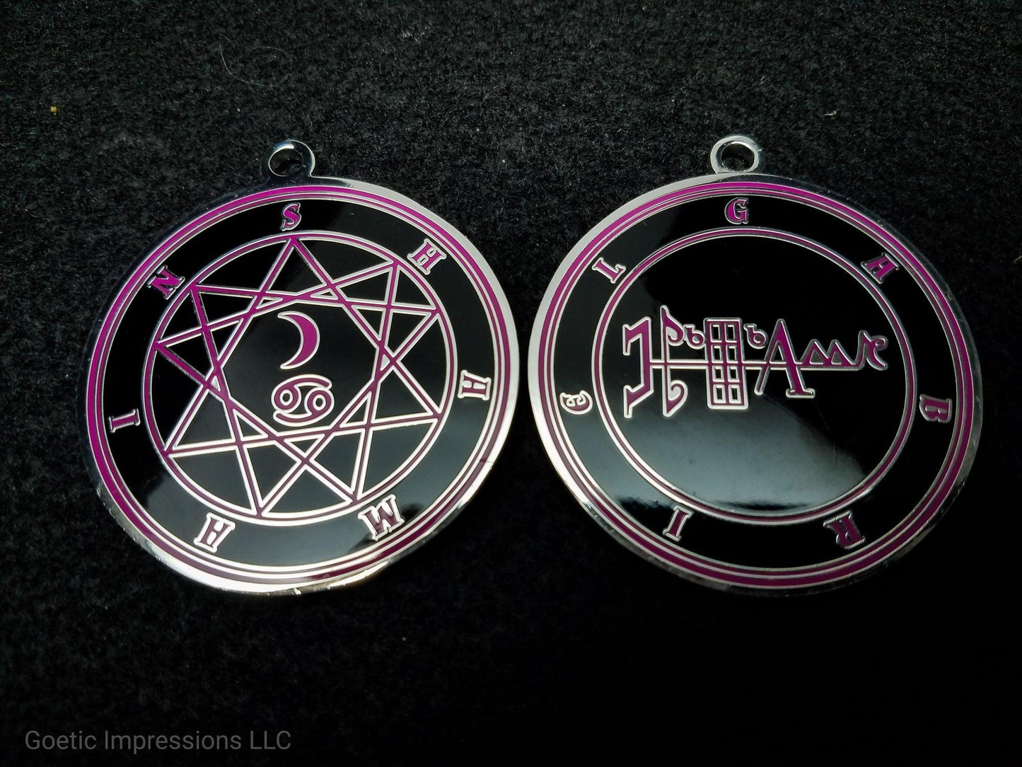 Heptameron Inspired Archangel Talisman featuring the seal and sigils of Archangel Gabriel. Featuring on the reverse side of the talsiman, the Heaven Shamain and astrological symbols of the Moon and Cancer based on Cornelius Agrippa