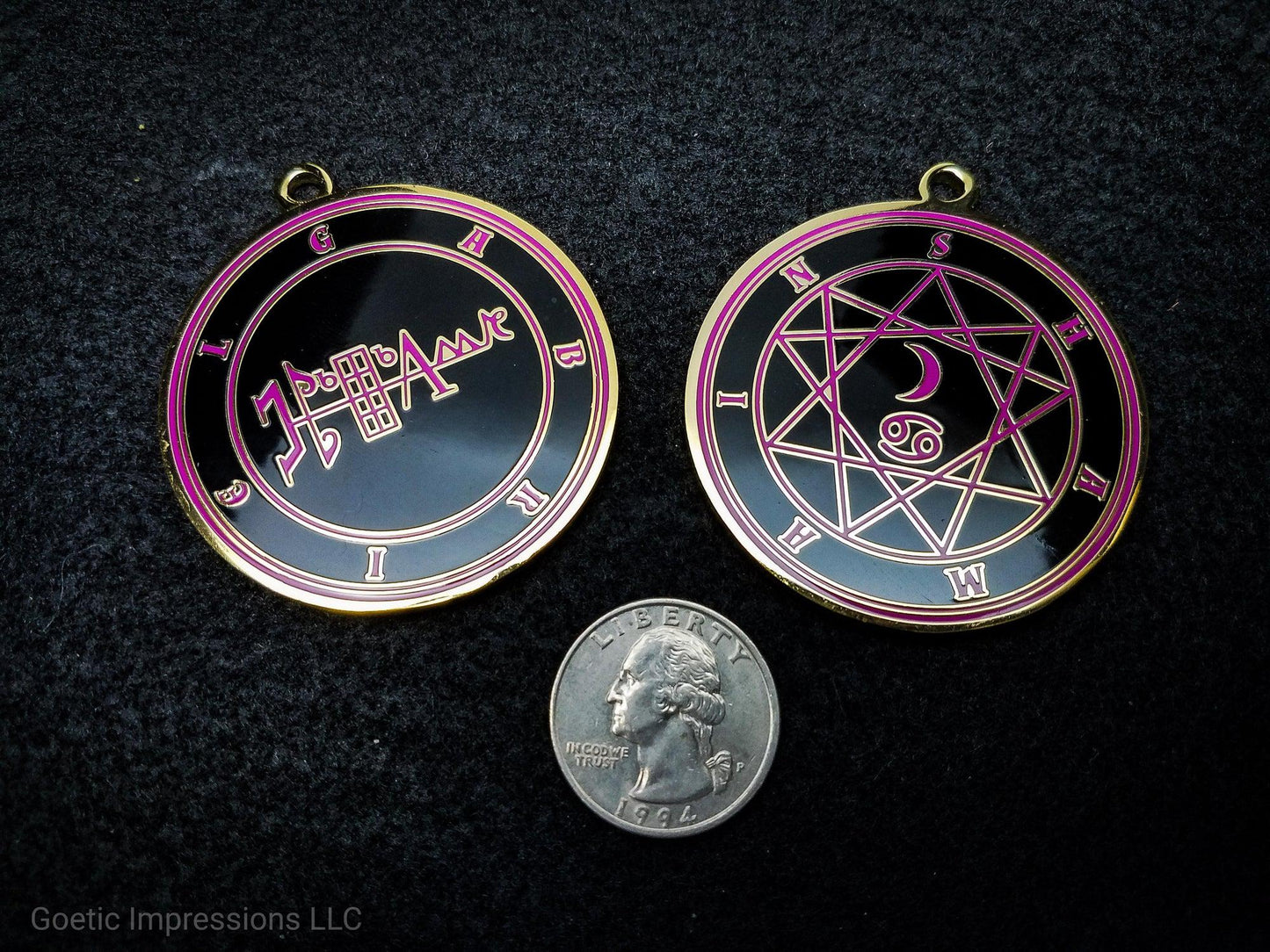Heptameron Inspired Archangel Medallion featuring the seal and sigils of Archangel Gabriel. Featuring on the reverse side of the talsiman, the Heaven Shamain and astrological symbols of the Moon and Cancer based on Cornelius Agrippa