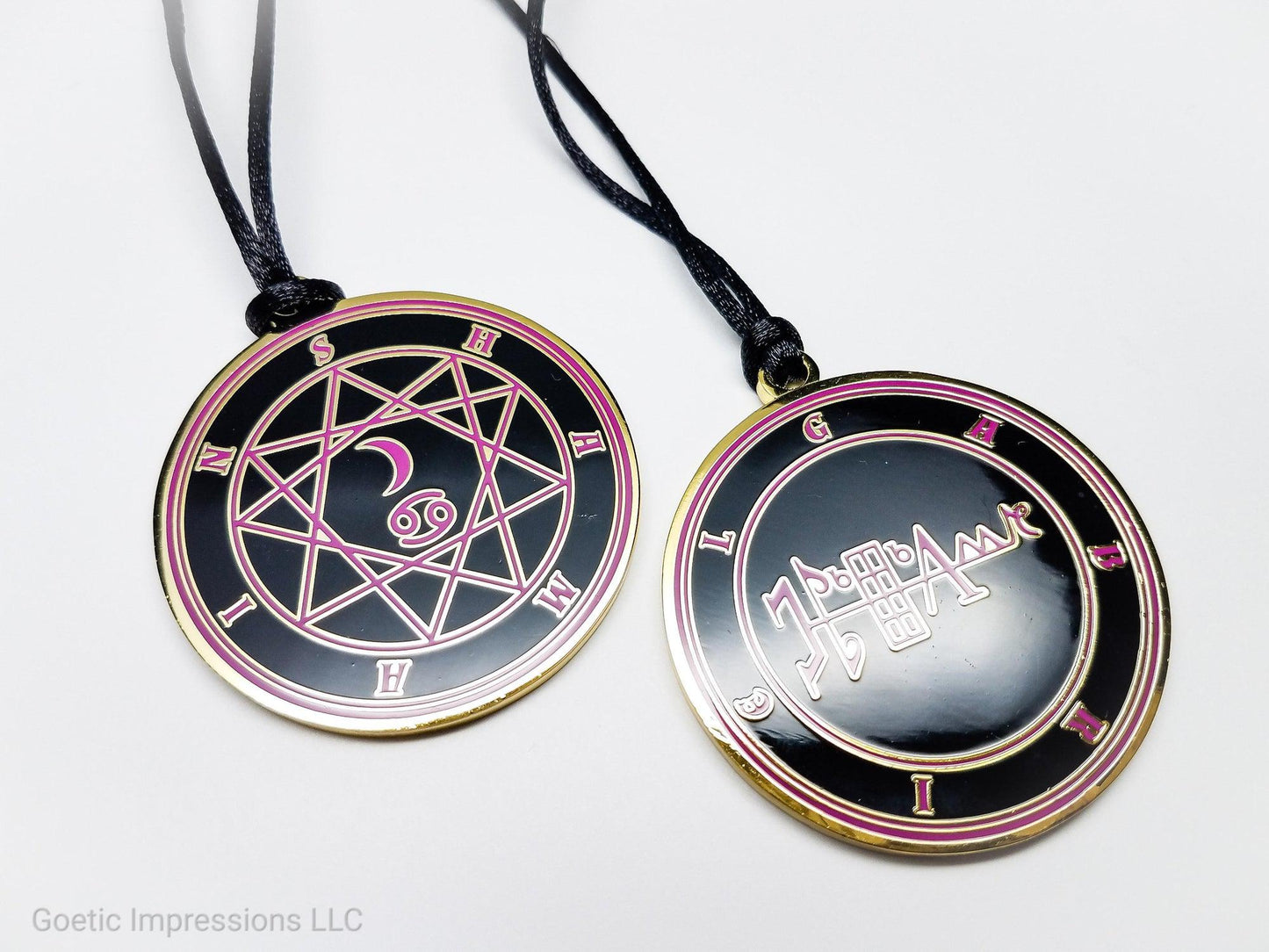 Heptameron Inspired Archangel Pendant featuring the seal and sigils of Archangel Gabriel. Featuring on the reverse side of the talsiman, the Heaven Shamain and astrological symbols of the Moon and Cancer based on Cornelius Agrippa
