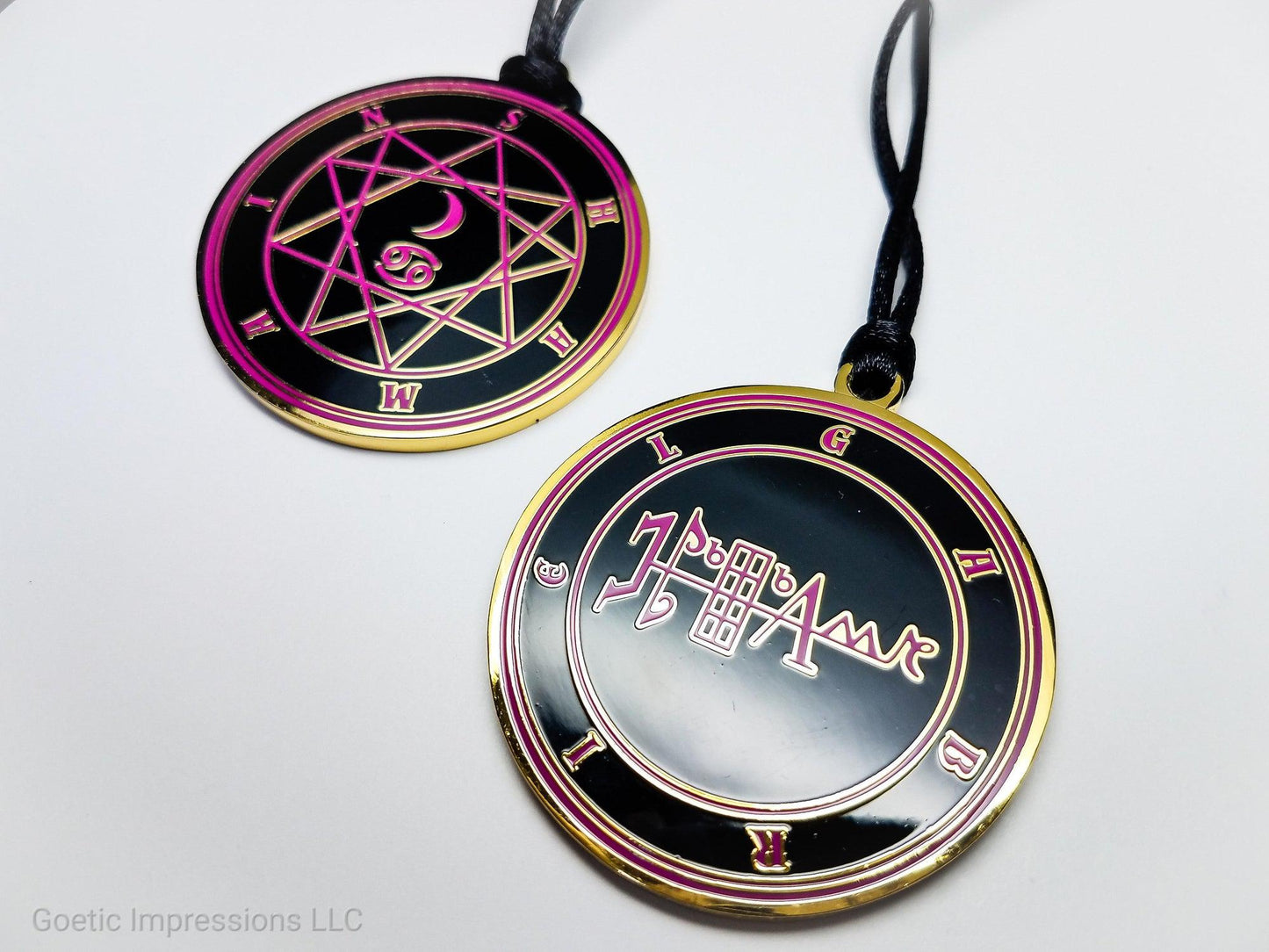 Heptameron Inspired Archangel Pendant featuring the seal and sigils of Archangel Gabriel. Featuring on the reverse side of the talsiman, the Heaven Shamain and astrological symbols of the Moon and Cancer based on Cornelius Agrippa
