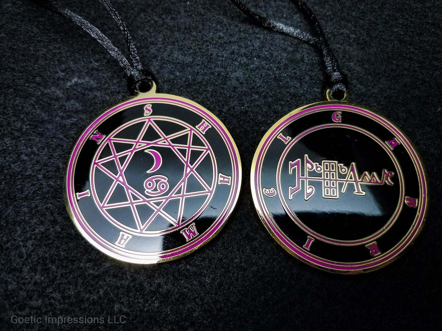 Heptameron Inspired Archangel Pendant featuring the seal and sigils of Archangel Gabriel. Featuring on the reverse side of the talsiman, the Heaven Shamain and astrological symbols of the Moon and Cancer based on Cornelius Agrippa