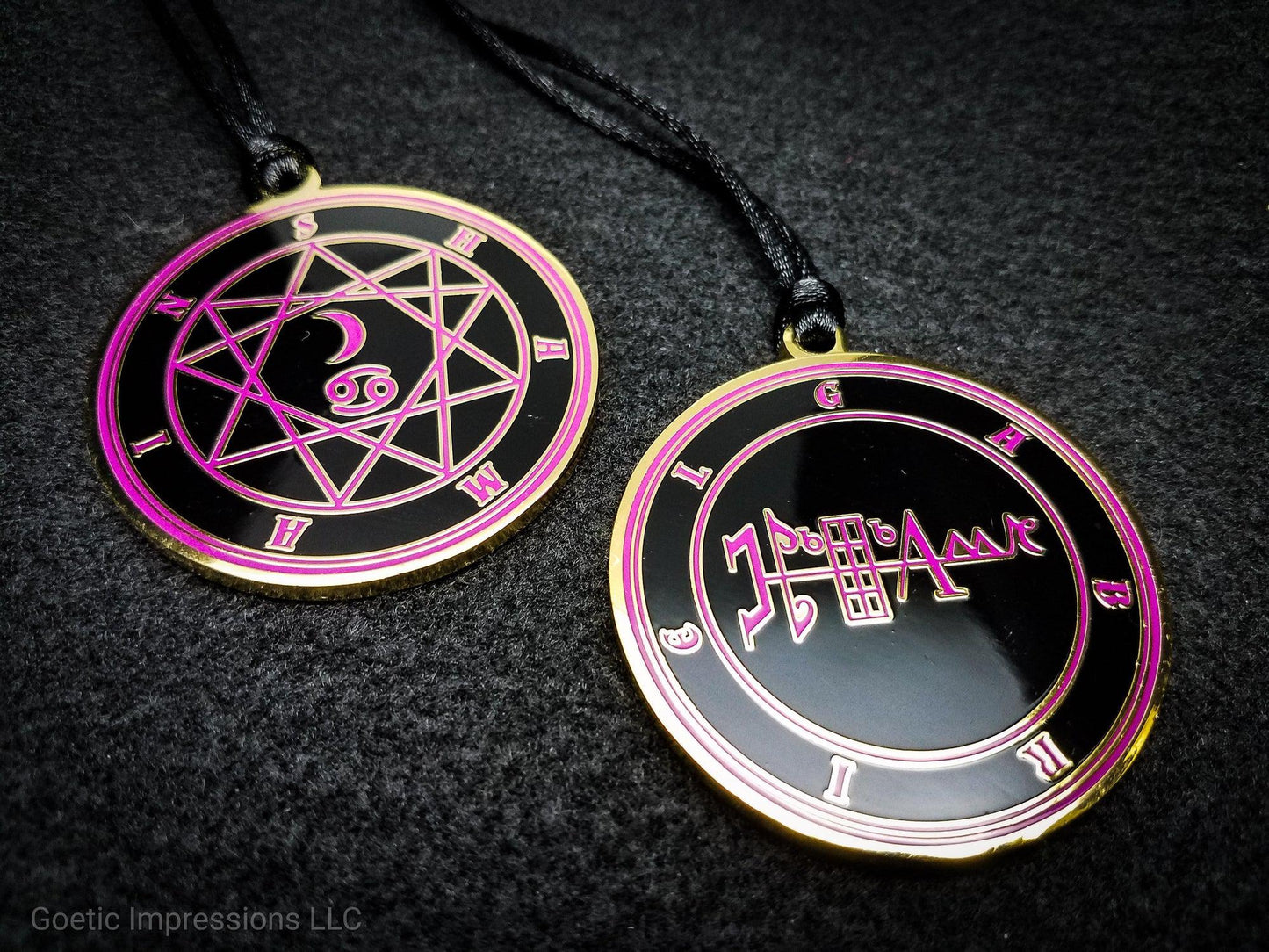 Heptameron Inspired Archangel Pendant featuring the seal and sigils of Archangel Gabriel. Featuring on the reverse side of the talsiman, the Heaven Shamain and astrological symbols of the Moon and Cancer based on Cornelius Agrippa