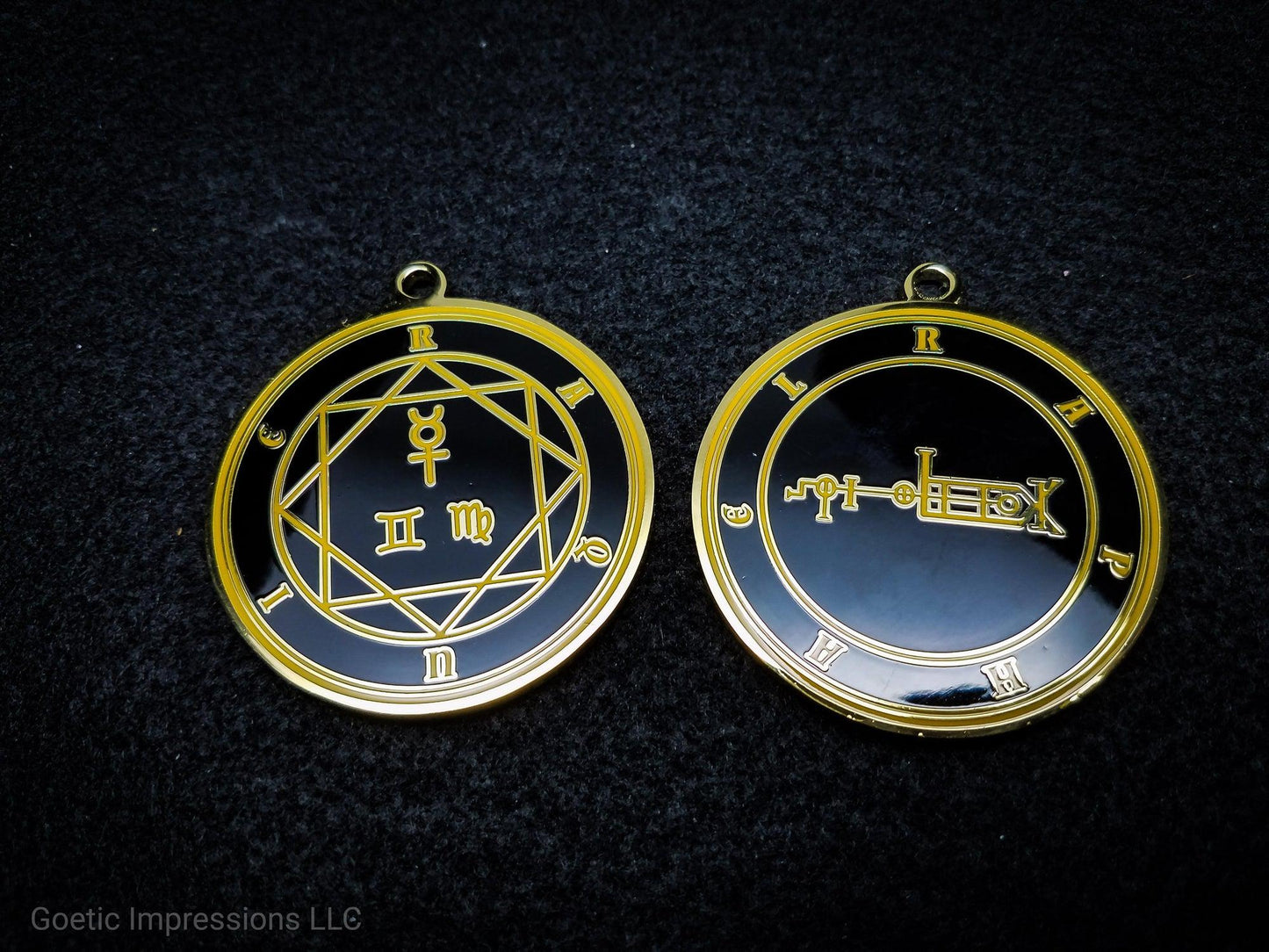 Heptameron Inspired Archangel Pendant featuring the seal and sigils of Archangel Raphael. Featuring on the reverse side of the talsiman, the Heaven Raquie and astrological symbols of Mercury, Gemini and Virgo based on Cornelius Agrippa