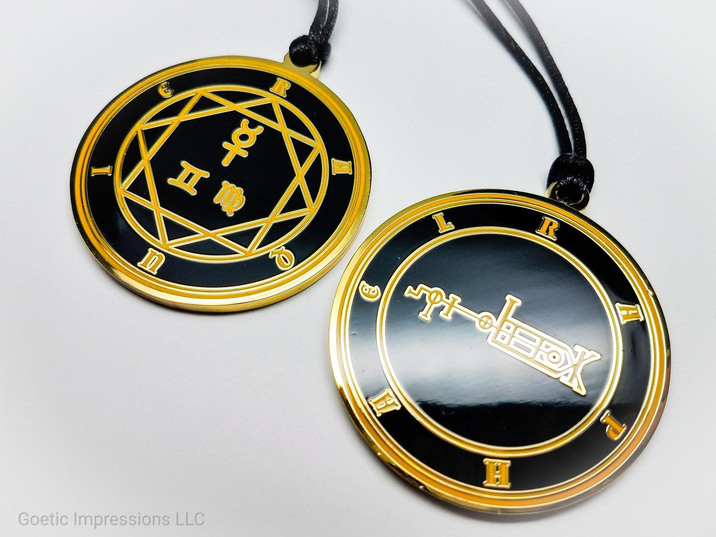 Heptameron Inspired Archangel Pendant featuring the seal and sigils of Archangel Raphael. Featuring on the reverse side of the talsiman, the Heaven Raquie and astrological symbols of Mercury, Gemini and Virgo based on Cornelius Agrippa
