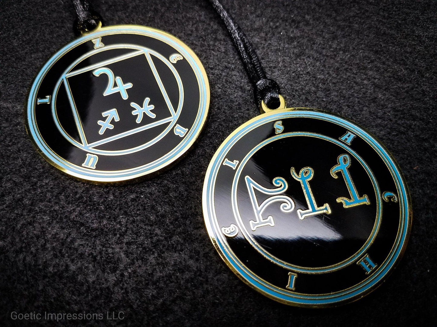 Heptameron Inspired Archangel Pendant featuring the seal and sigils of Archangel Sachiel. Featuring on the reverse side of the talsiman, the Heaven Zebul and astrological symbols of Jupiter, Sagittarius and Pisces based on Cornelius Agrippa