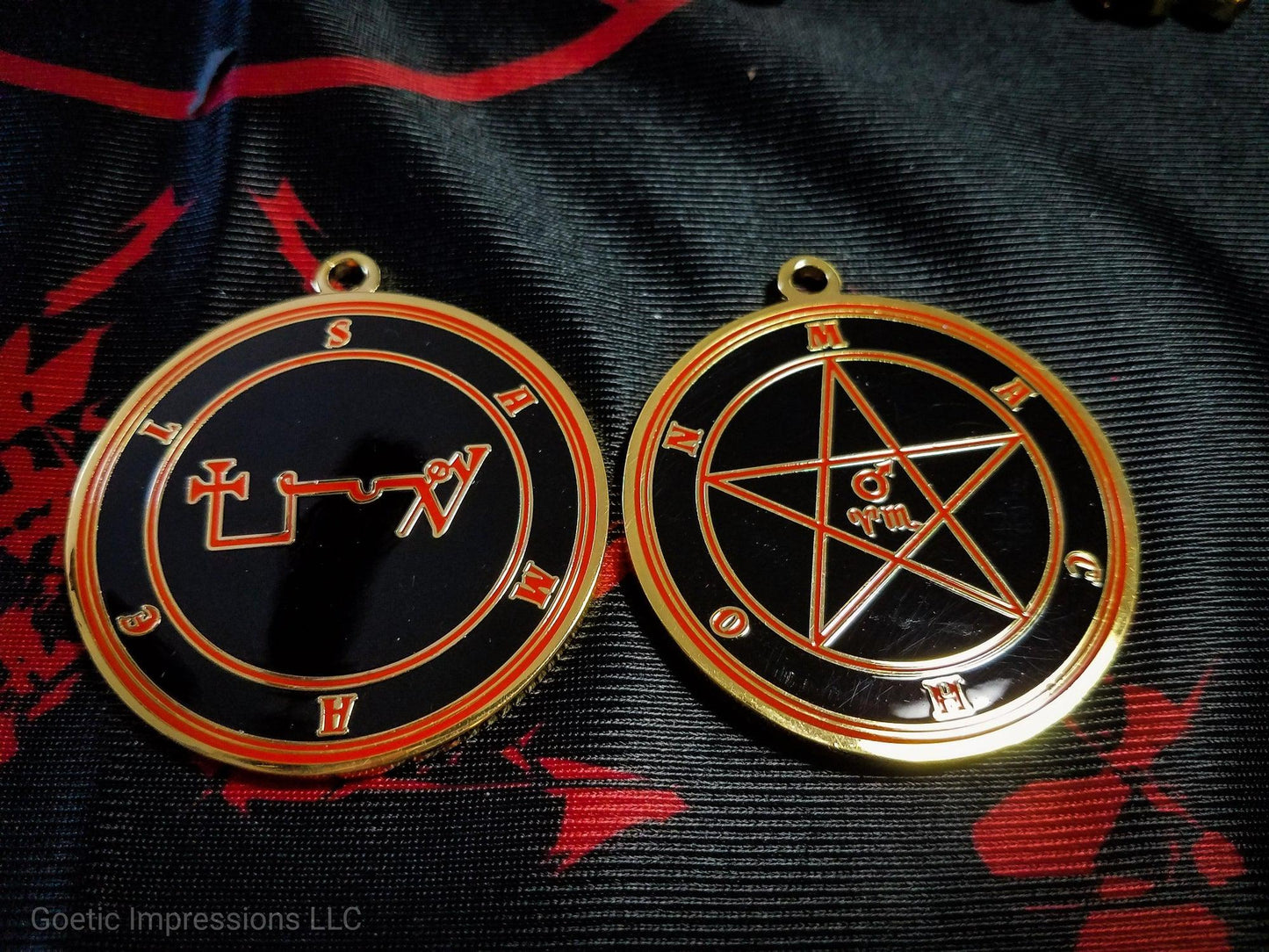 Heptameron Inspired Archangel Pendant featuring the seal and sigils of Archangel Samael. Featuring on the reverse side of the talsiman, the Heaven Machon and astrological symbols of Mars, Aries and Scorpio based on Cornelius Agrippa