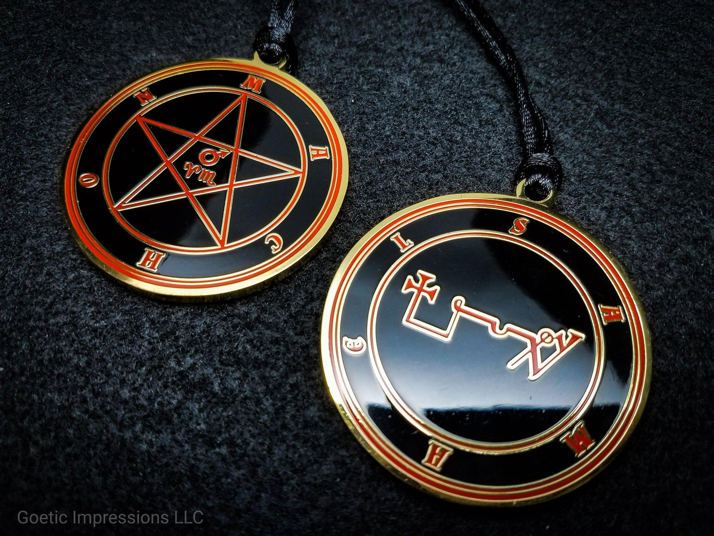 Heptameron Inspired Archangel Pendant featuring the seal and sigils of Archangel Samael. Featuring on the reverse side of the talsiman, the Heaven Machon and astrological symbols of Mars, Aries and Scorpio based on Cornelius Agrippa