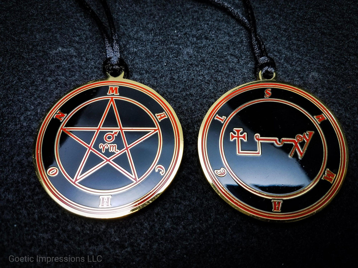 Heptameron Inspired Archangel Pendant featuring the seal and sigils of Archangel Samael. Featuring on the reverse side of the talsiman, the Heaven Machon and astrological symbols of Mars, Aries and Scorpio based on Cornelius Agrippa