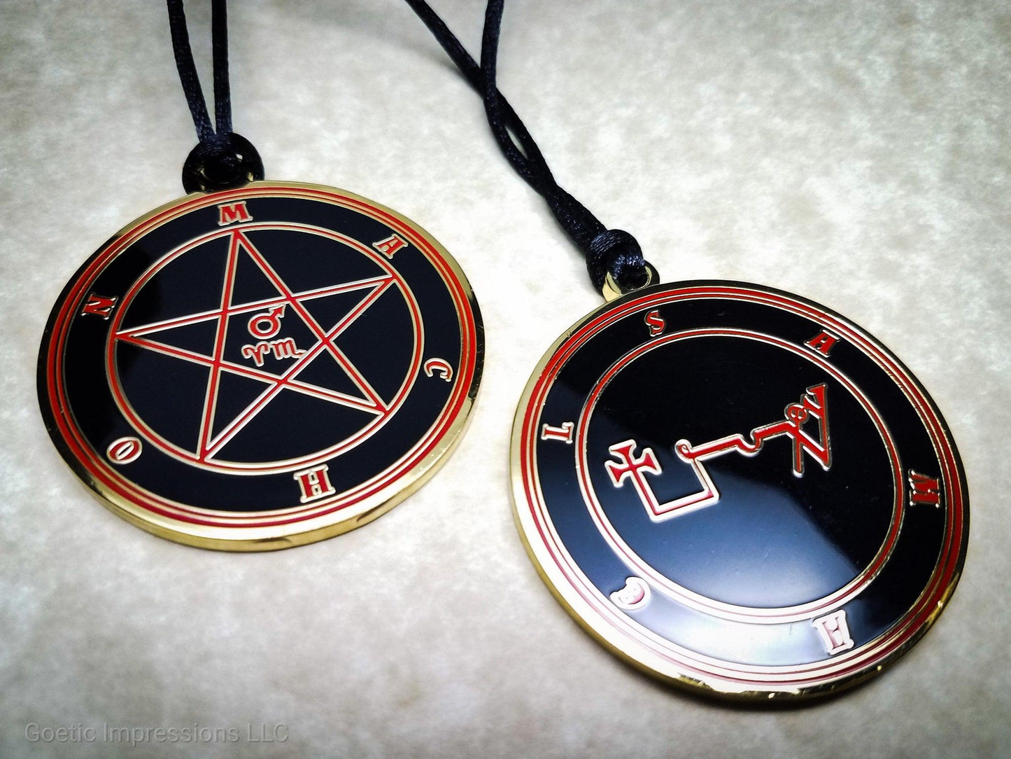 Heptameron Inspired Archangel Pendant featuring the seal and sigils of Archangel Samael. Featuring on the reverse side of the talsiman, the Heaven Machon and astrological symbols of Mars, Aries and Scorpio based on Cornelius Agrippa