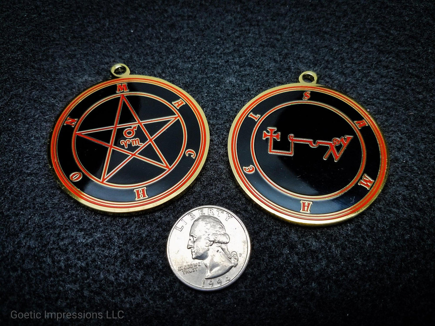 Heptameron Inspired Archangel Pendant featuring the seal and sigils of Archangel Samael. Featuring on the reverse side of the talsiman, the Heaven Machon and astrological symbols of Mars, Aries and Scorpio based on Cornelius Agrippa