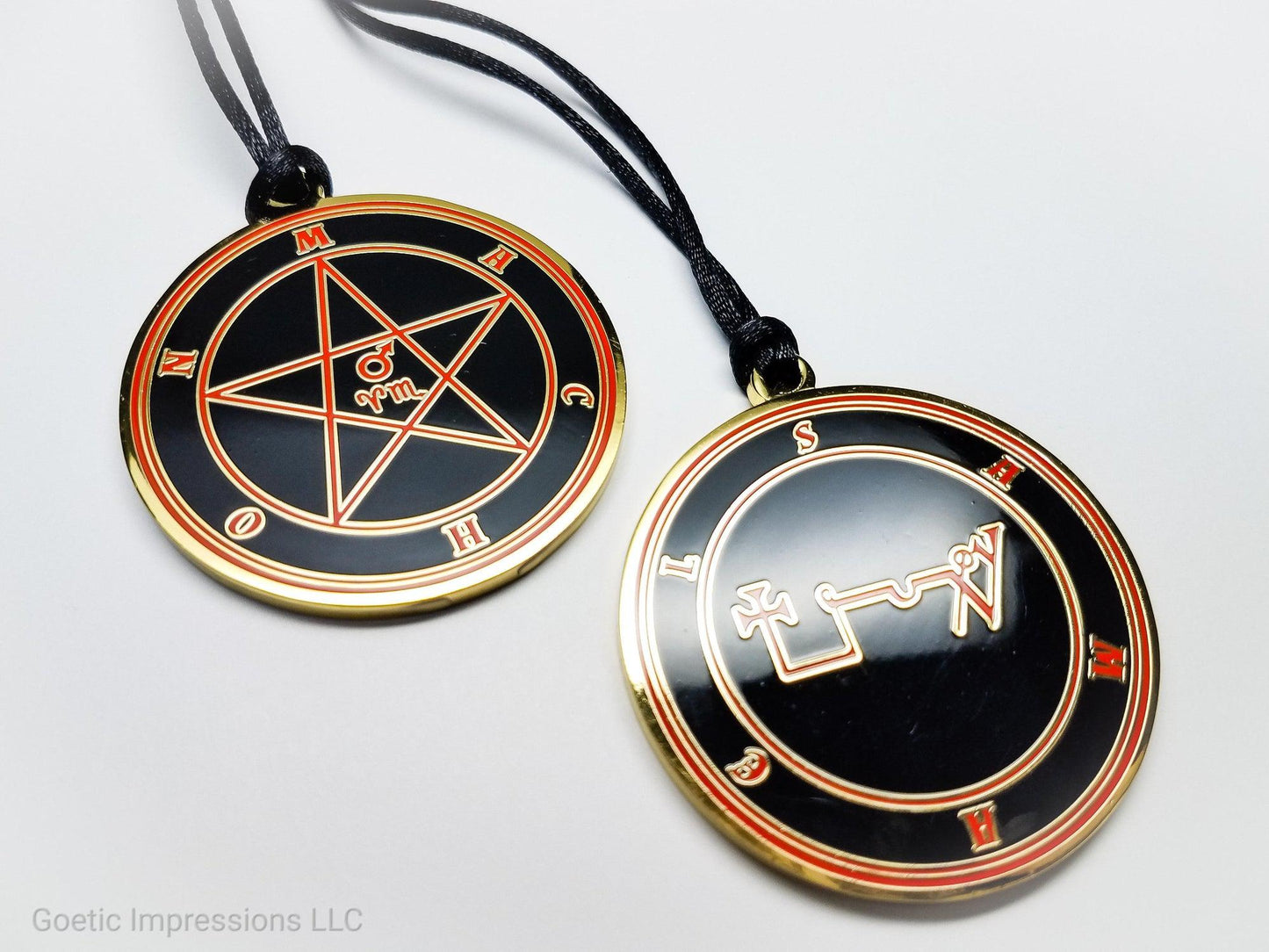 Heptameron Inspired Archangel Pendant featuring the seal and sigils of Archangel Samael. Featuring on the reverse side of the talsiman, the Heaven Machon and astrological symbols of Mars, Aries and Scorpio based on Cornelius Agrippa