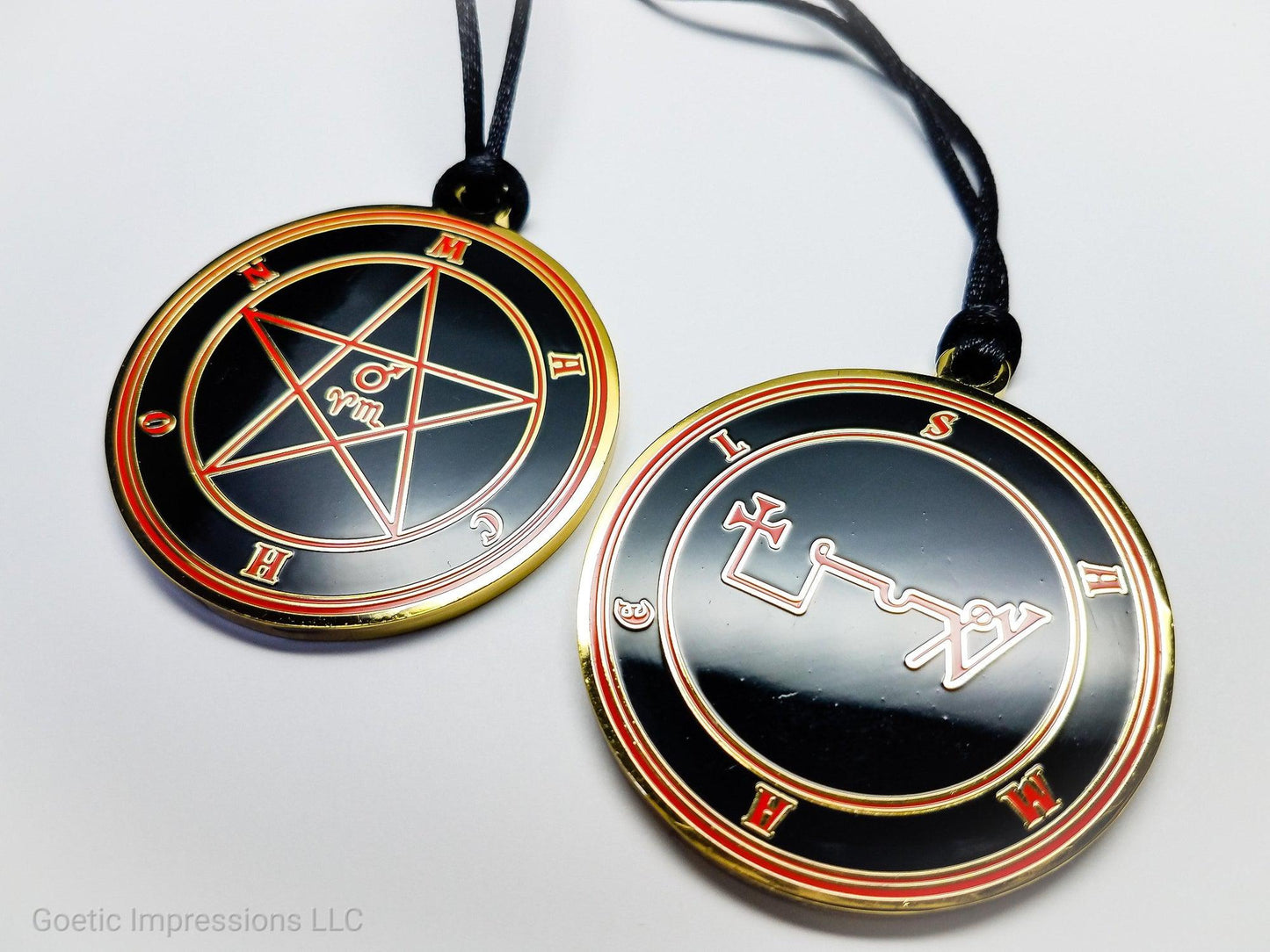 Heptameron Inspired Archangel Pendant featuring the seal and sigils of Archangel Samael. Featuring on the reverse side of the talsiman, the Heaven Machon and astrological symbols of Mars, Aries and Scorpio based on Cornelius Agrippa