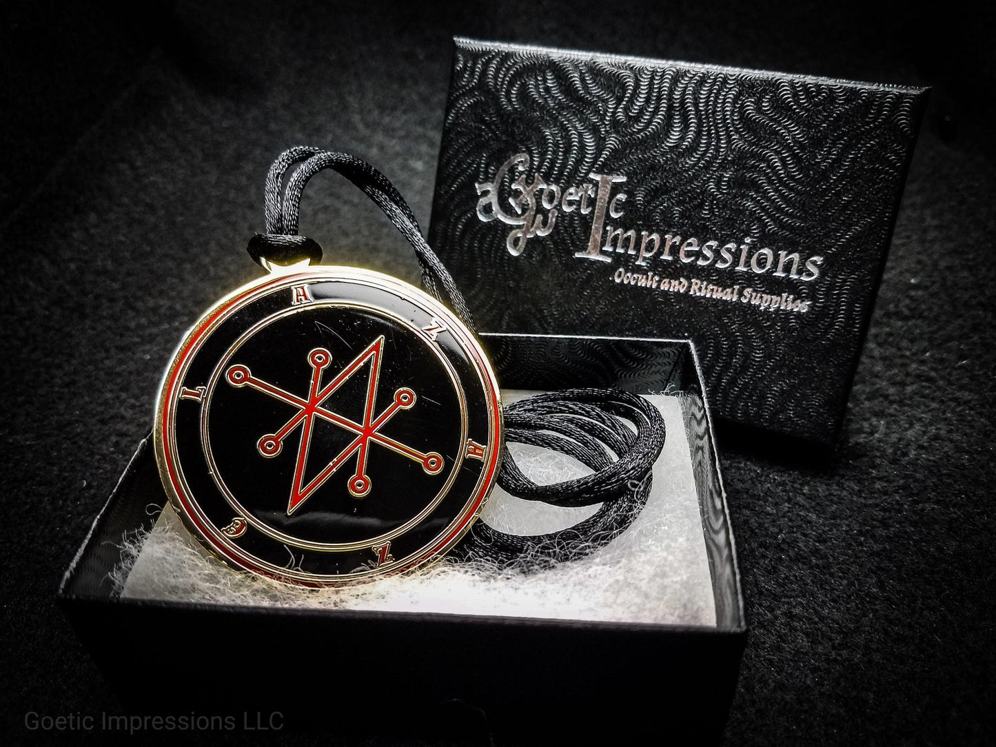 Black and Red Azazel sigil medallion with gift box.