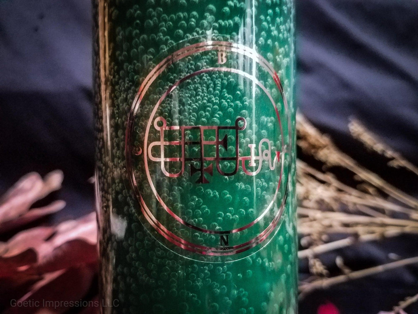 Copper Bune sigil on green 7 day candle