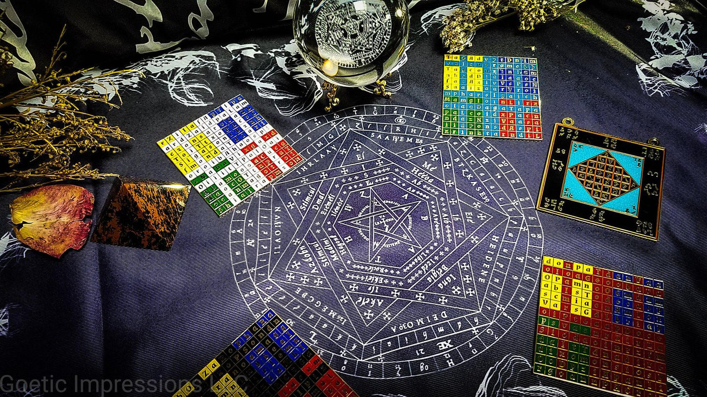 Sigillum Dei Aemeth altar cloth with Enochian tablets and accessories.