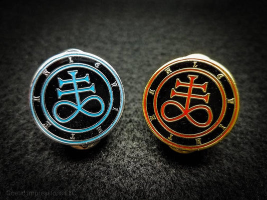 Red and Blue Leviathan sigil enamel pins.