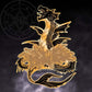 Illustration of Leviathan as a pin design that is black and gold. Leviathan is rising up over a wave and is resembling the shape of the sulfur symbol