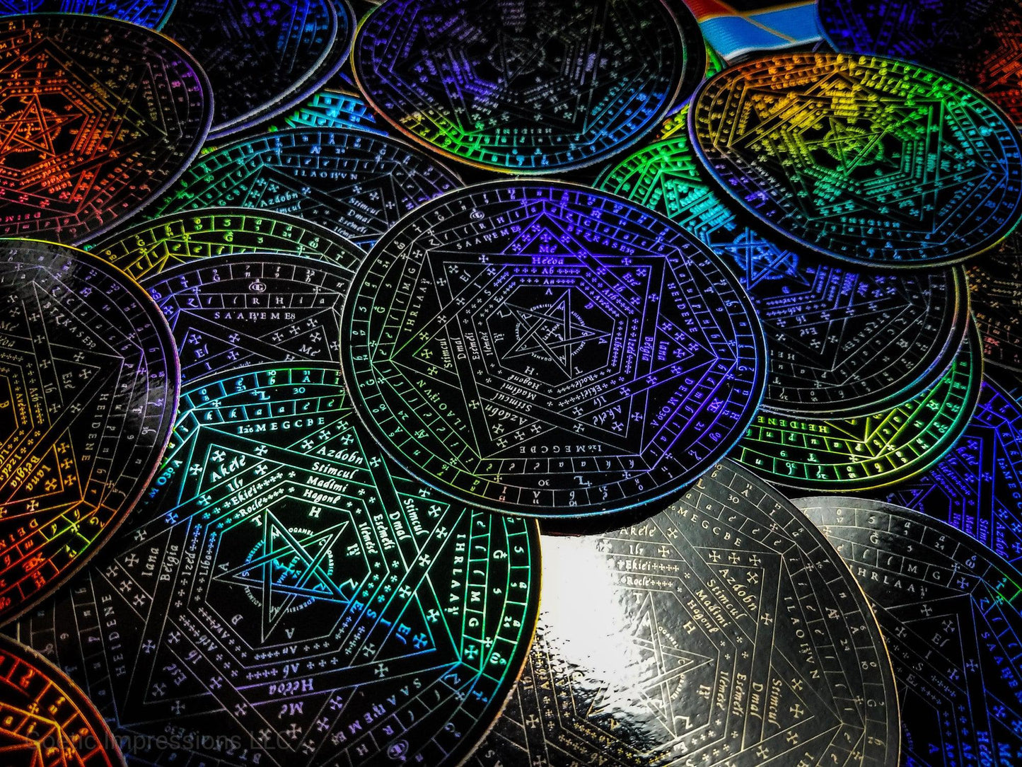 Black and White Holographic stickers featuring the Sigillum Dei Aemeth