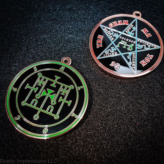 Alloces sigil medallion with the Pentacle of Solomon on reverse side.