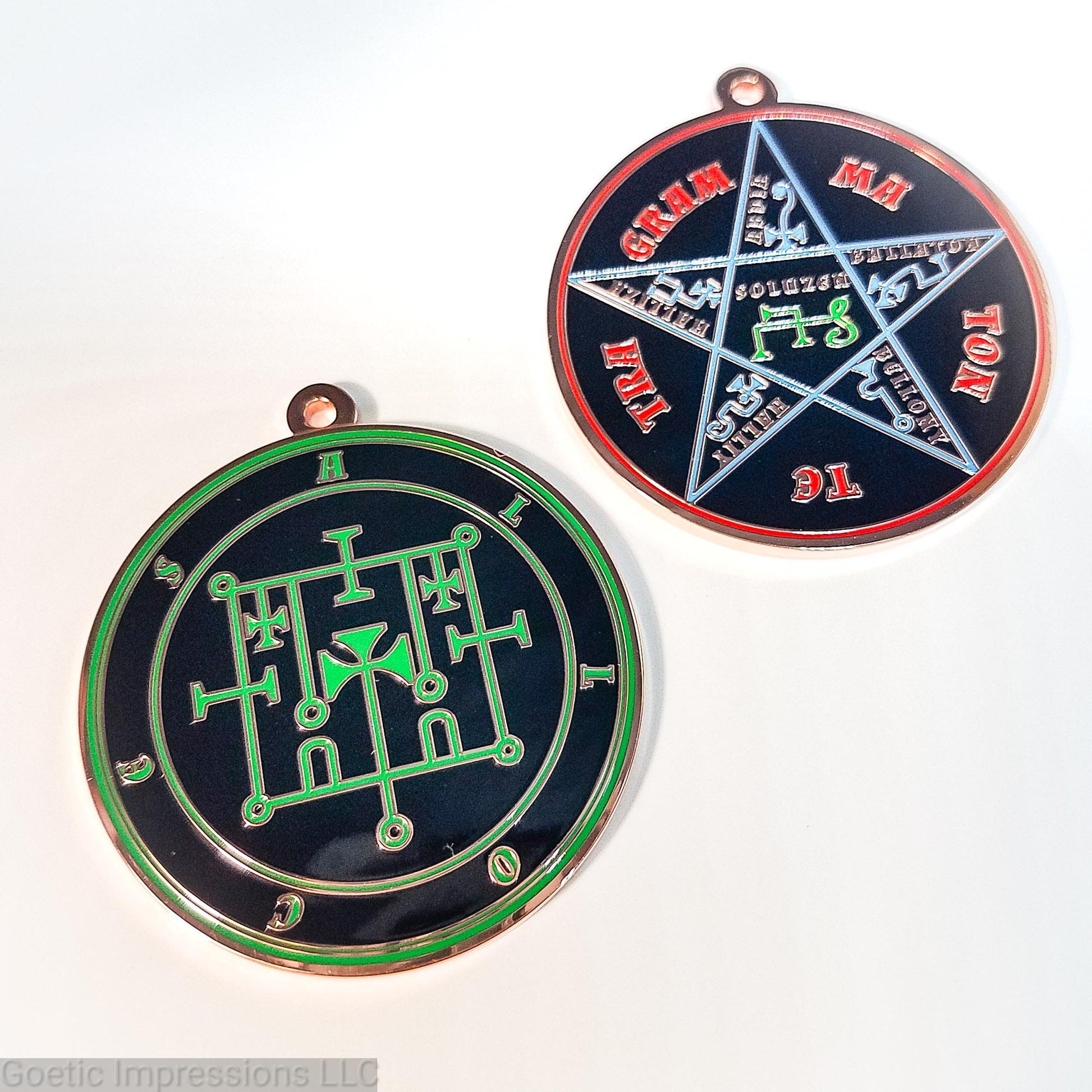 Alloces sigil medallion with the Pentacle of Solomon on reverse side.