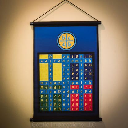 Enochian banner of water with a full color watchtower emblem and  tablet on a blue gradient background.
