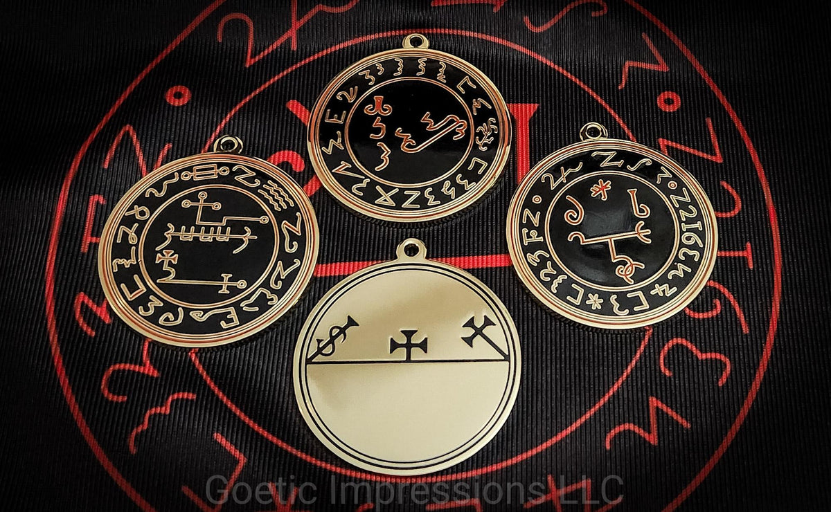 Grimorium Verum sigil medallions of Lucifer, Astaroth and Beelzebuth with the lamen on the reverse side. The seals are made of brass and hard enamel in black and red.