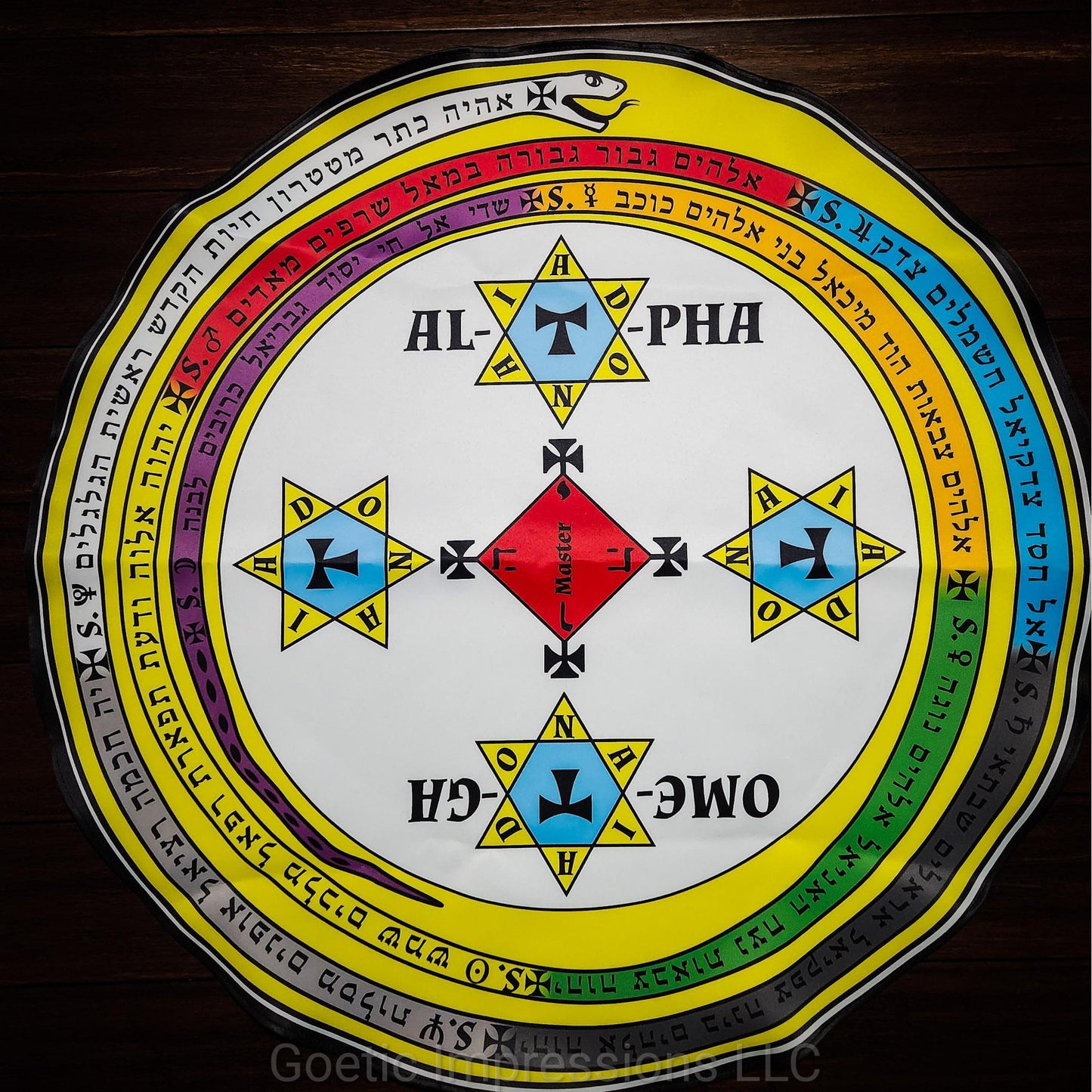 The magickal circle of Solomon in qabalistic colors. The text on the serpent is in Hebrew.