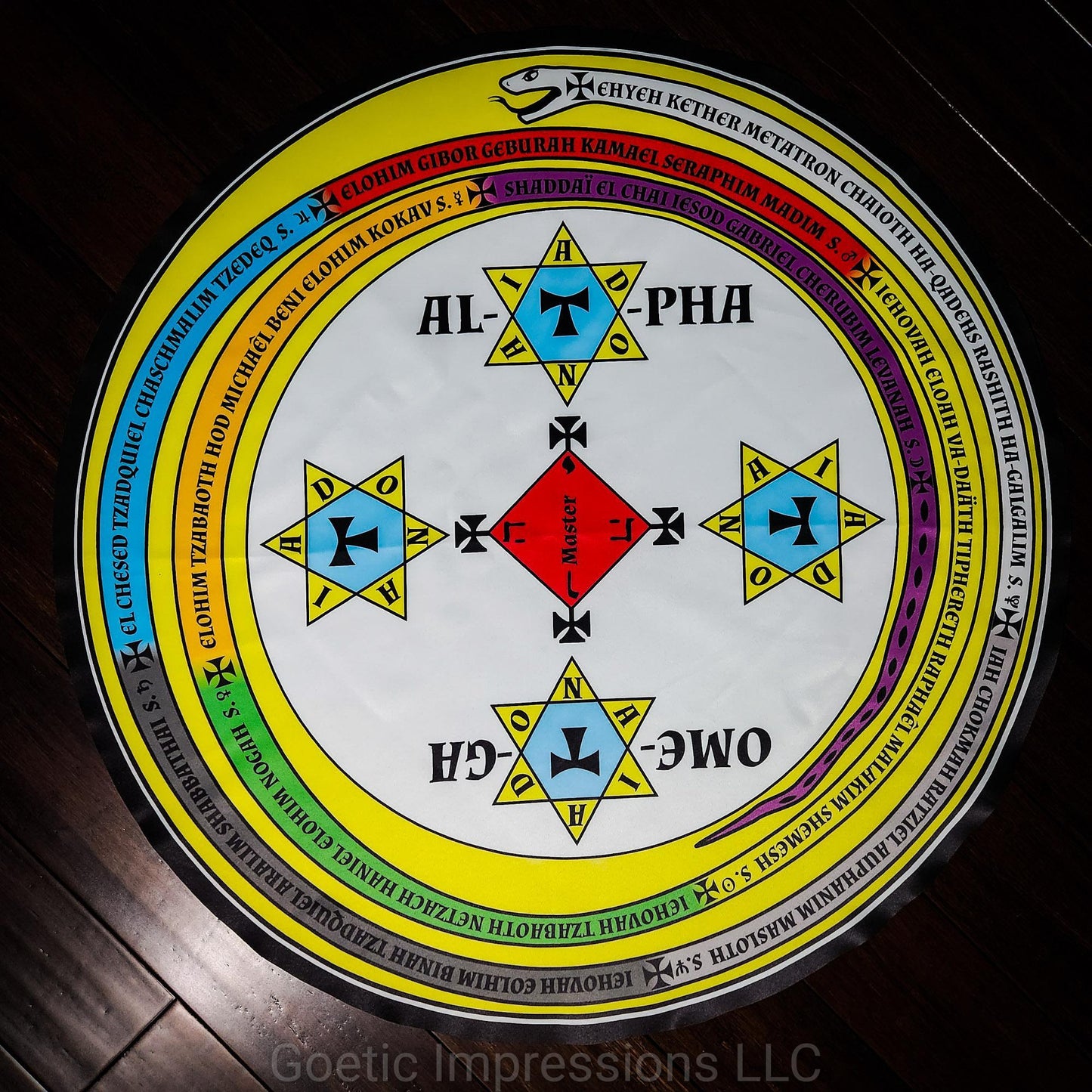 The magickal circle of solomon in full color representing the qabalistic colors. The text around the snake is in Latin 