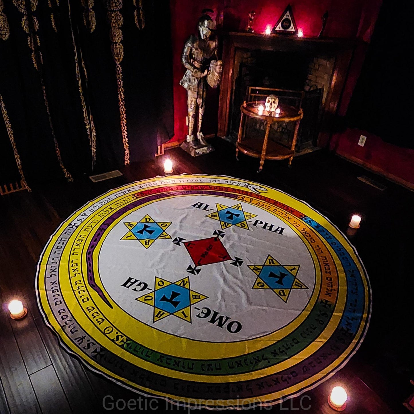 A ritual setup of the 9ft Magickal Circle of Solomon and Triangle.