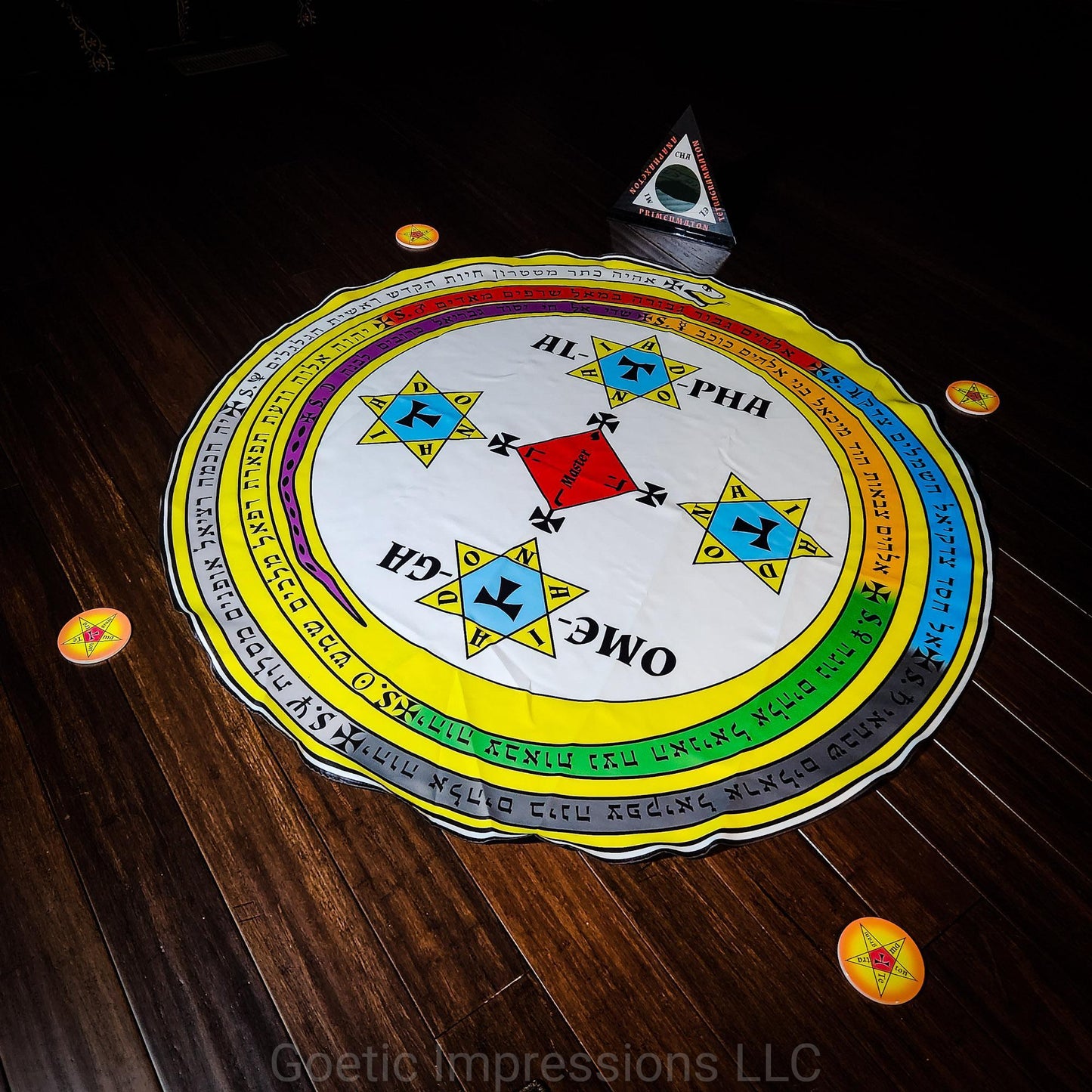 Complete set of the Lesser  Key of Solomon Magickal Circle in 5ft and Triangle with disks for candle placement. The text on the serpent is in Hebrew. 