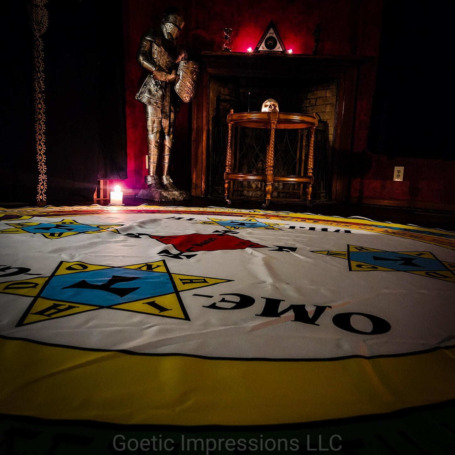 A ceremonial magick ritual space of the Lesser Key of Solomon Magickal Circle and Triangle.