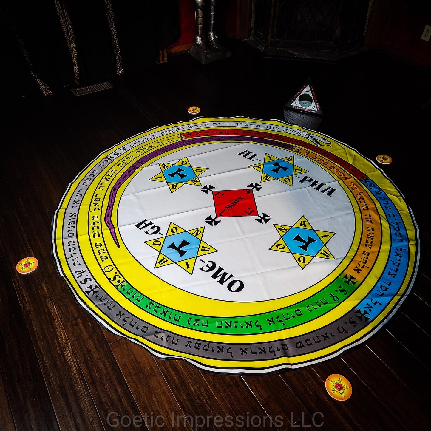 Complete set of the Lesser  Key of Solomon Magickal Circle in 7ft and Triangle with disks for candle placement. The text on the serpent is in Hebrew. 